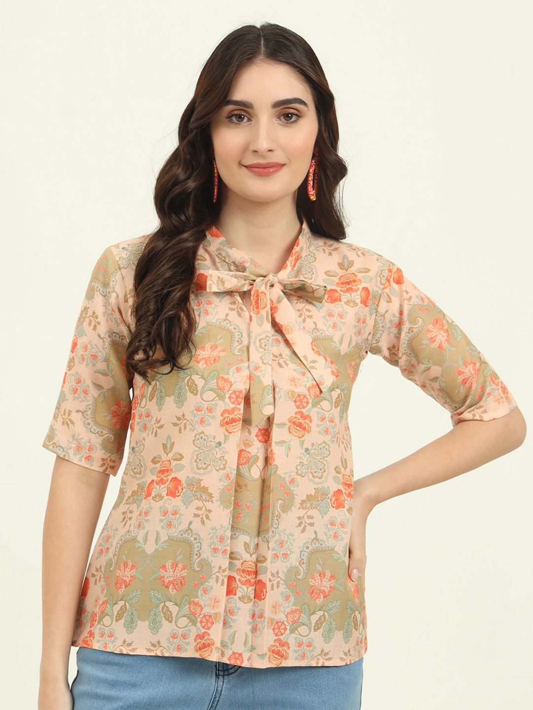 

AAA CREATION Floral Print Tie-Up Neck Top, Green