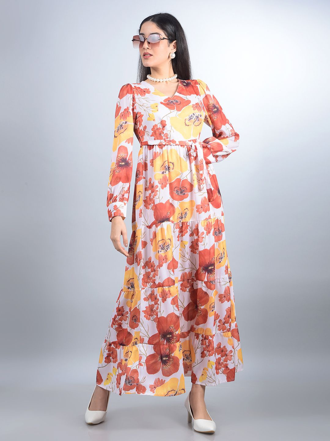 

Crimsoune Club Women Floral Printed V-Neck Cuffed Sleeve Maxi Dress, Orange