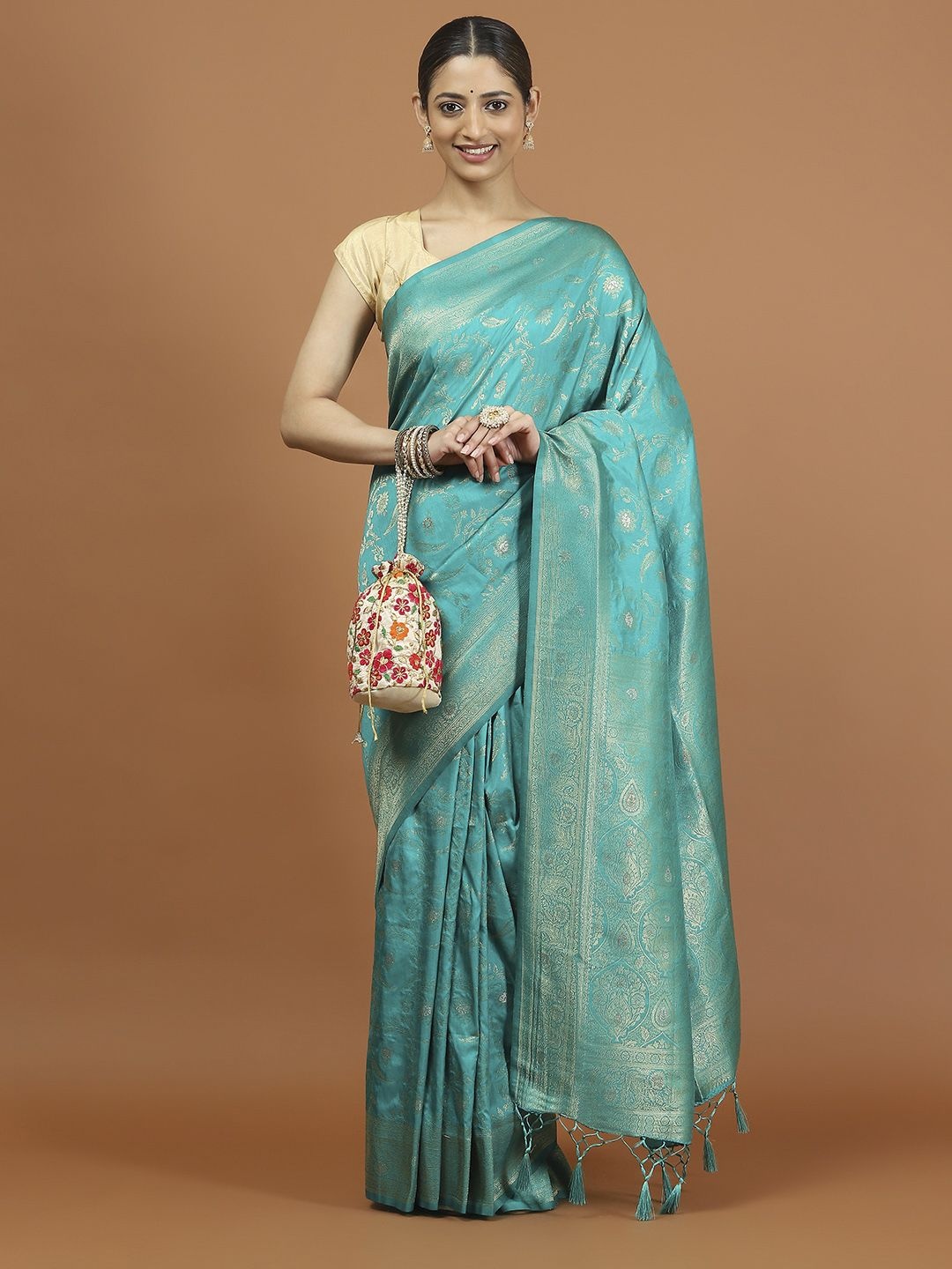 

Meena Bazaar Floral Woven Design Zari Saree, Blue