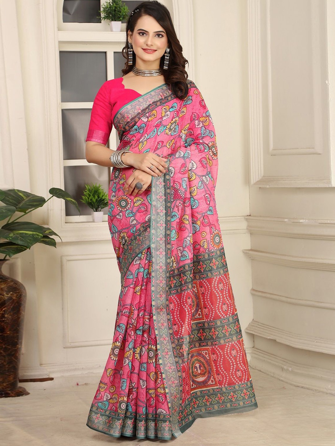 

Sarvada Floral Printed Pure Cotton Saree, Pink