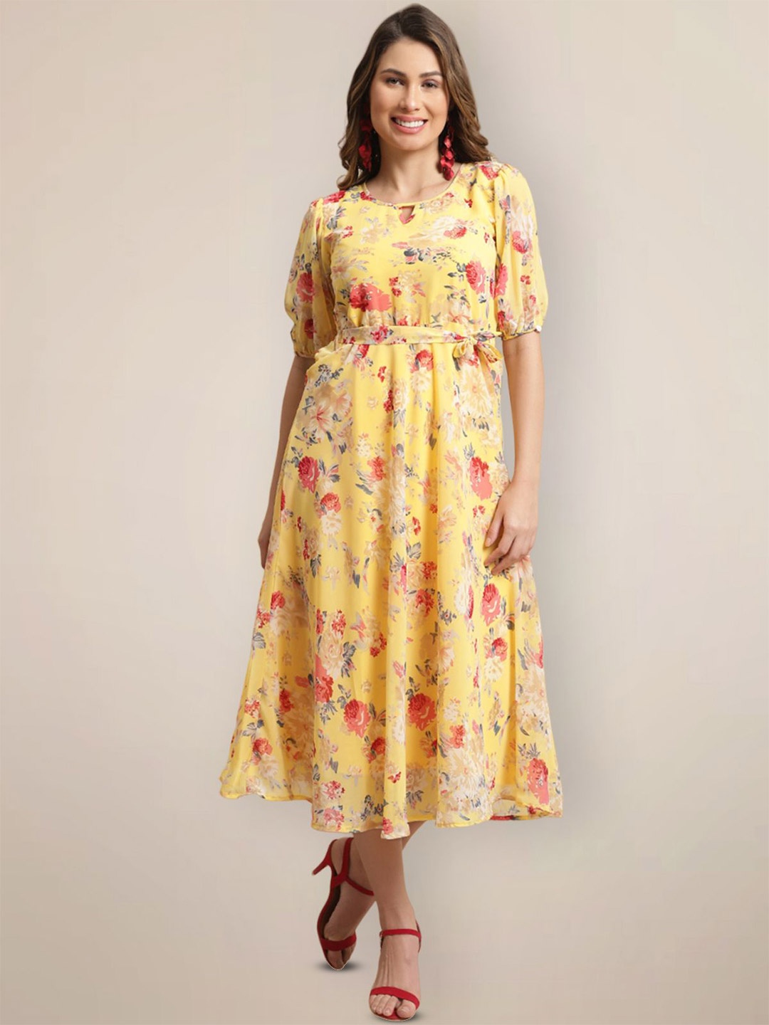 

Metronaut Floral Printed Tie-Ups Detail Georgette Fit & Flare Midi Dress, Yellow