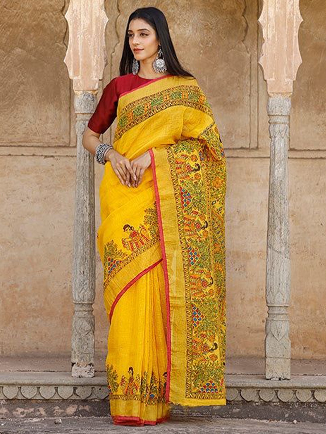 

Sarvada Ethnic Motifs Printed Pure Cotton Saree, Yellow