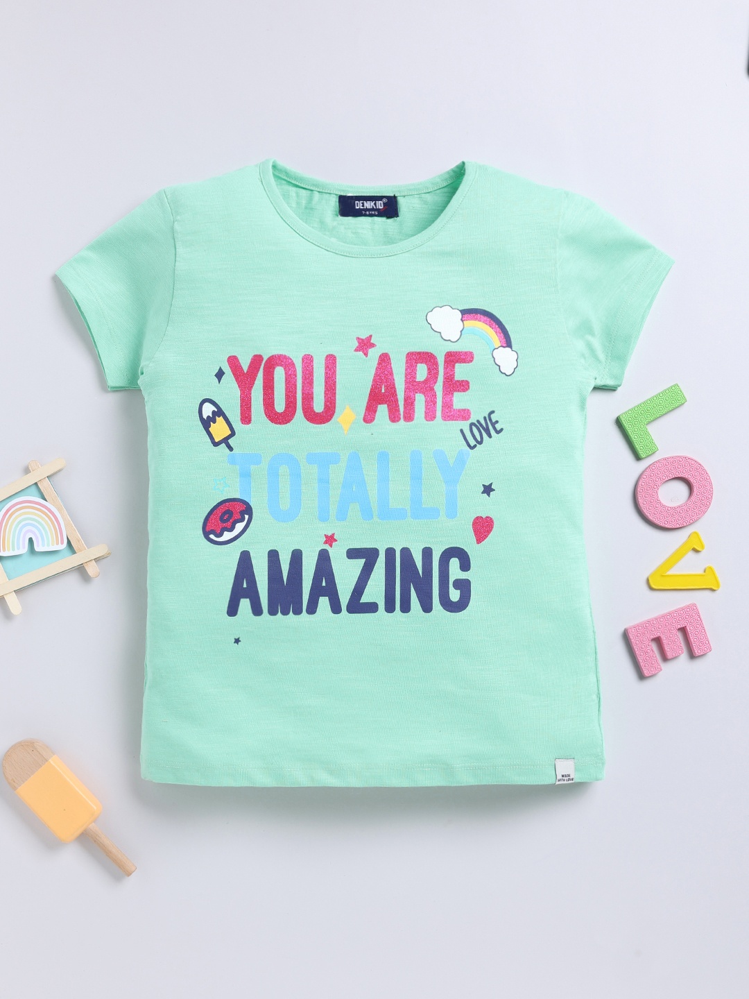 

Here&Now X Denikid Girls Typography Printed T-shirt, Green