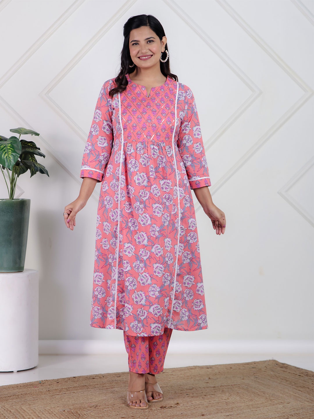 

Aramya Floral Printed Notch Neck Pure Cotton Empire Kurta With Trousers & Dupatta, Peach