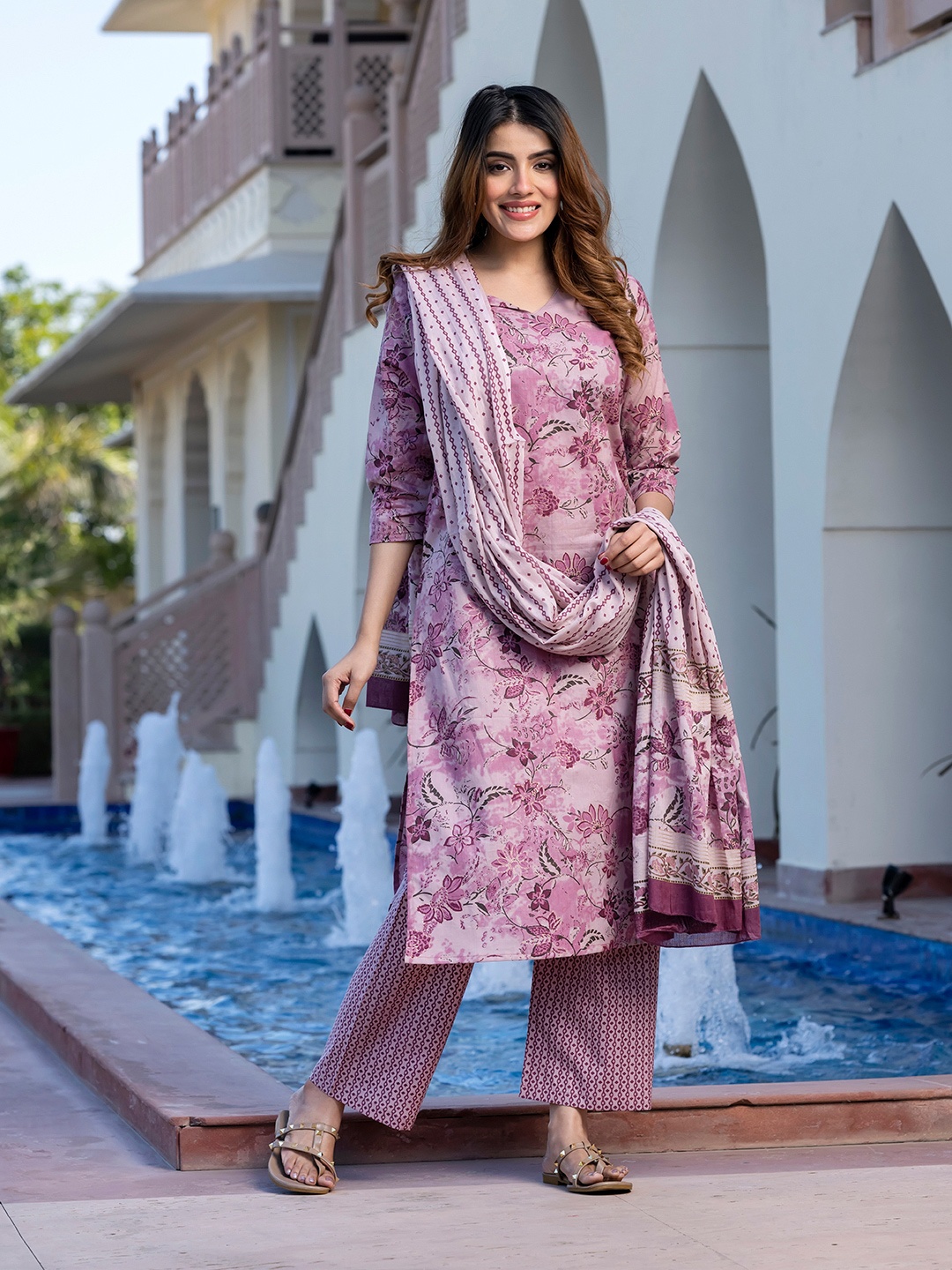 

KALINI Floral Printed V-Neck Pure Cotton Straight Kurta With Palazzos & Dupatta, Mauve