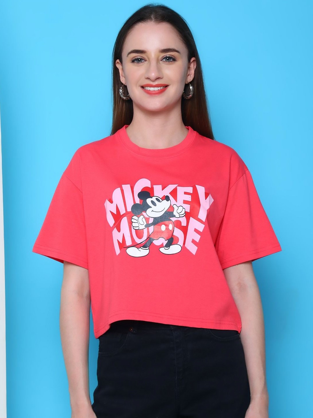 

Dreambe Women Mickey Mouse Graphic Printed Round Neck Cotton Boxy T-shirt, Red