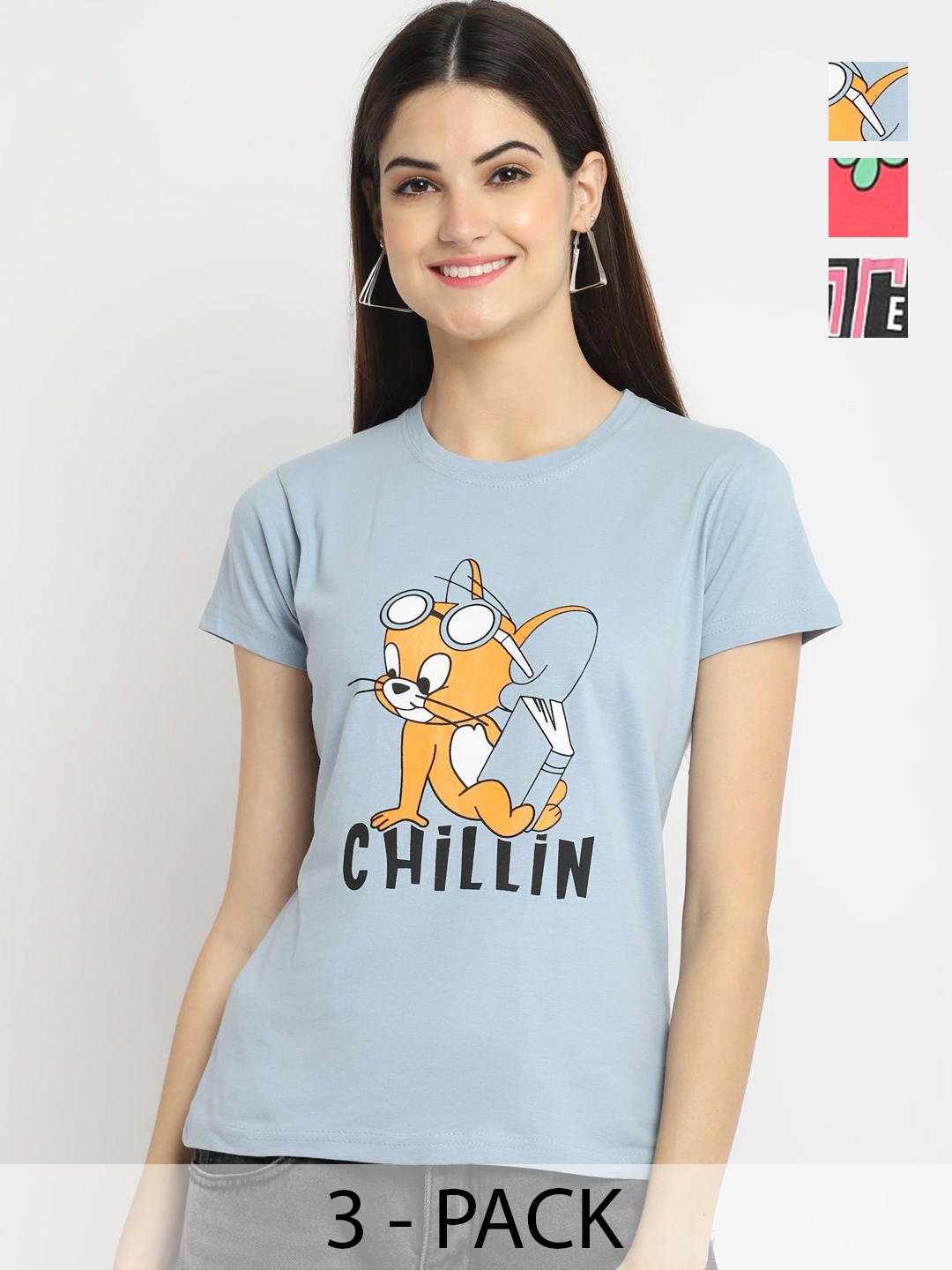 

Dreambe Women Pack of 3 Tom & Jerry Graphic Printed Round Neck Cotton T-shirts, Blue