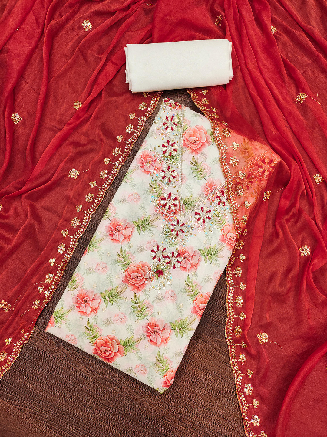 

SHADOW & SAINING Floral Embellished Beads and Stones Modal Semi-Stitched Dress Material, Red