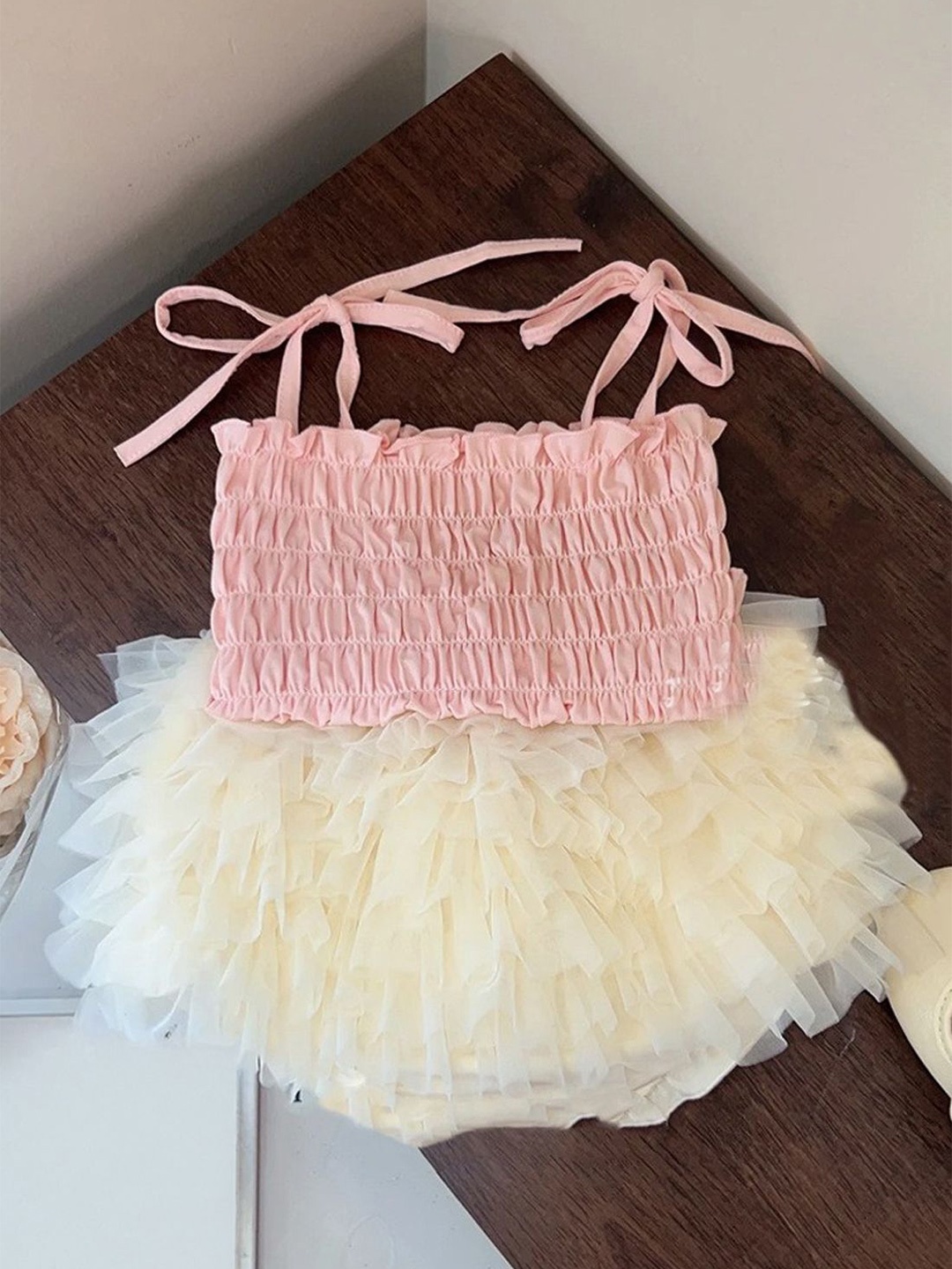 

FOREVER FRIDAY Girls Self Design Shoulder Straps Pure Cotton Top With Skirt, Pink