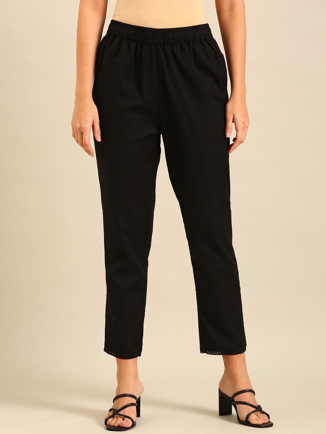 

De Moza Women Mid-Rise Cotton Cigarette Trousers, Black