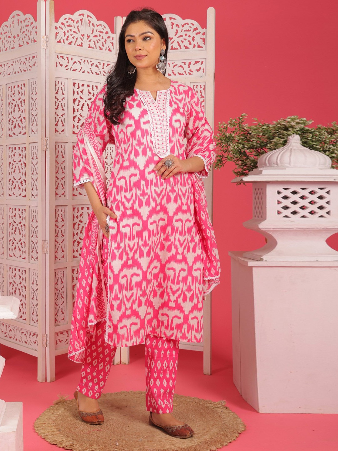 

KALINI Abstract Printed Notch Neck Pure Cotton Straight Kurta With Trousers & Dupatta, Pink