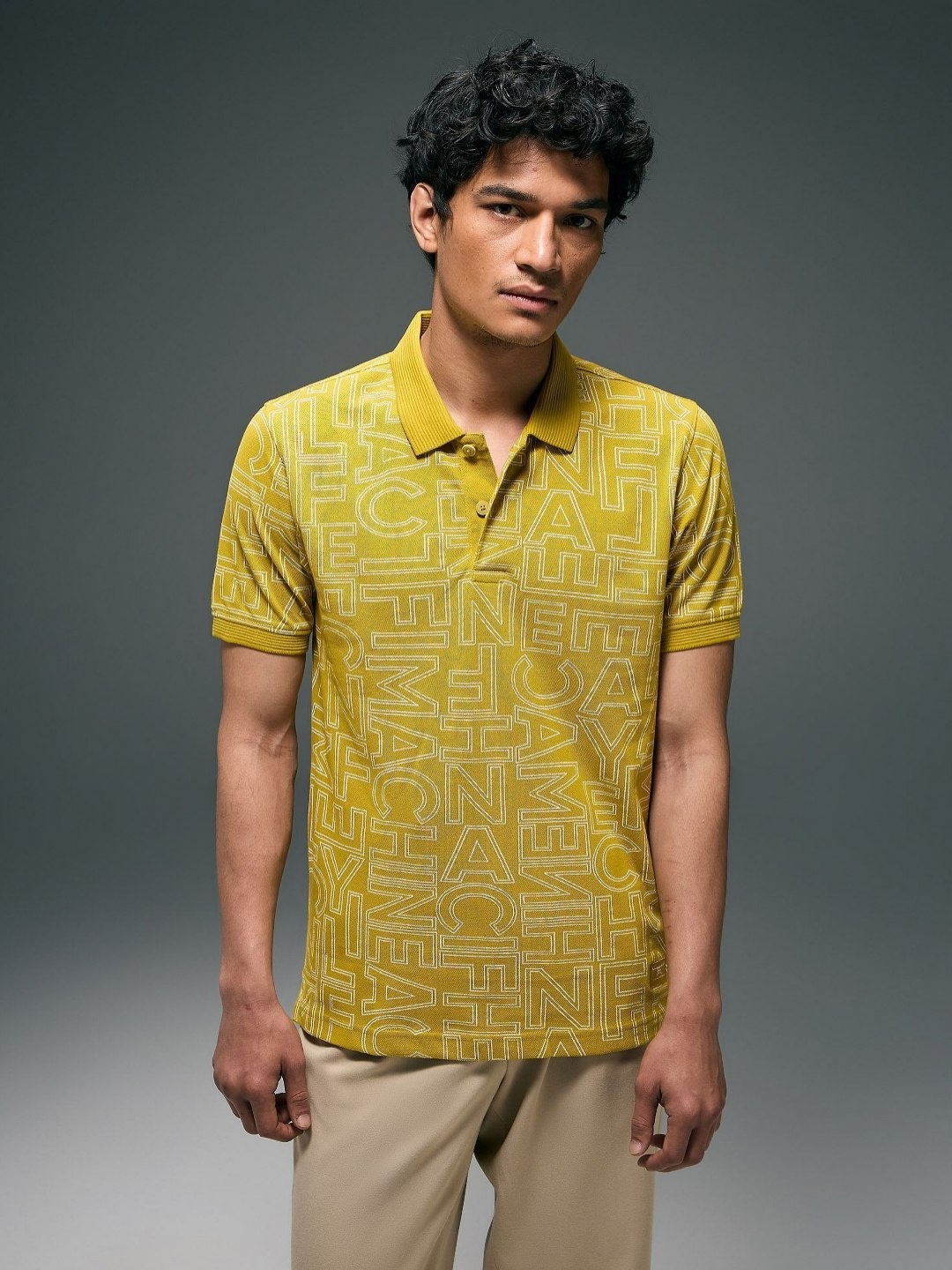 

Flying Machine Typography Printed Polo Collar Short Sleeves Cotton T-shirt, Yellow