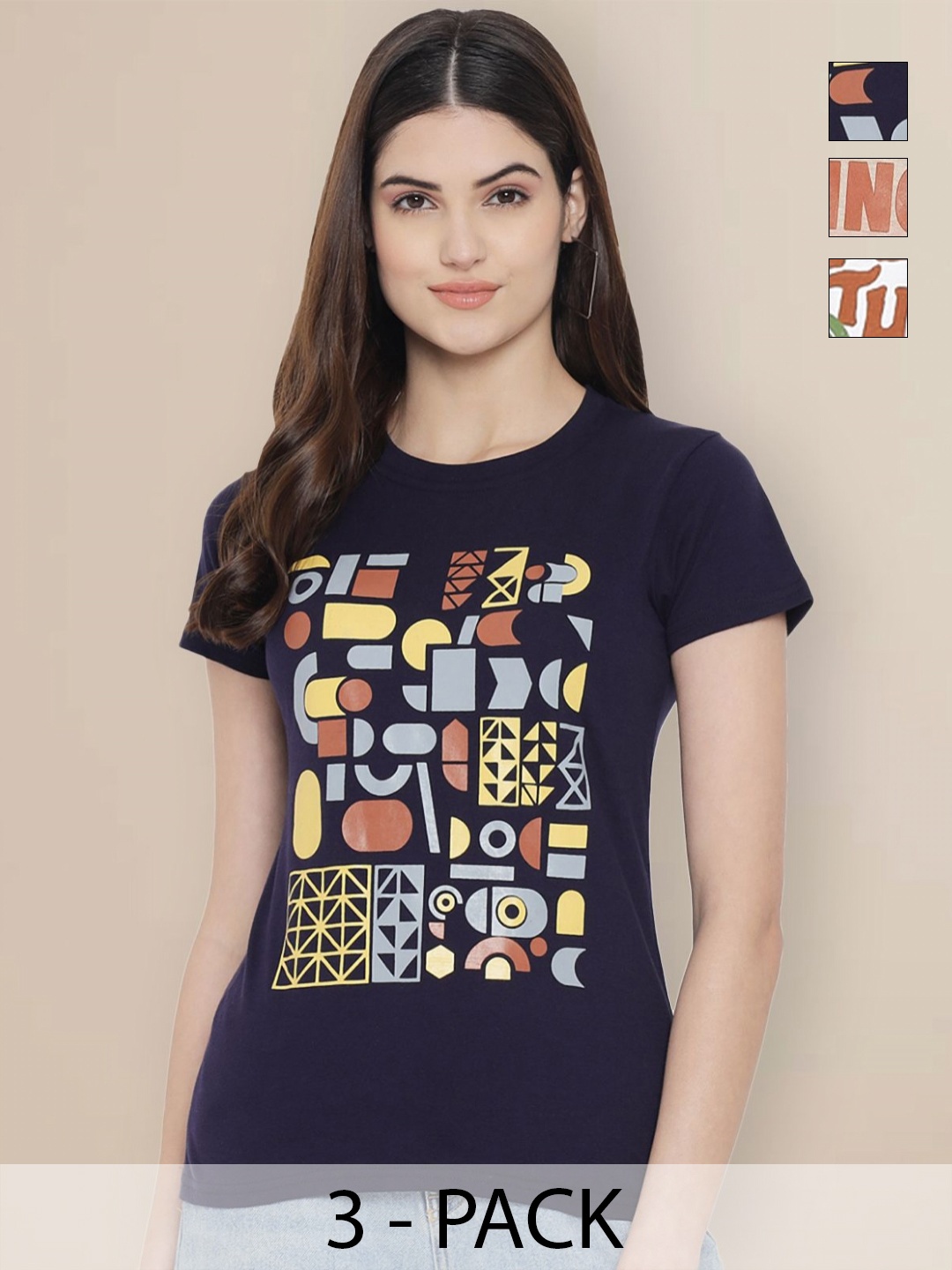 

Metronaut Women Pack of 3 Geometric Printed Round Neck Cotton T-shirts, Navy blue
