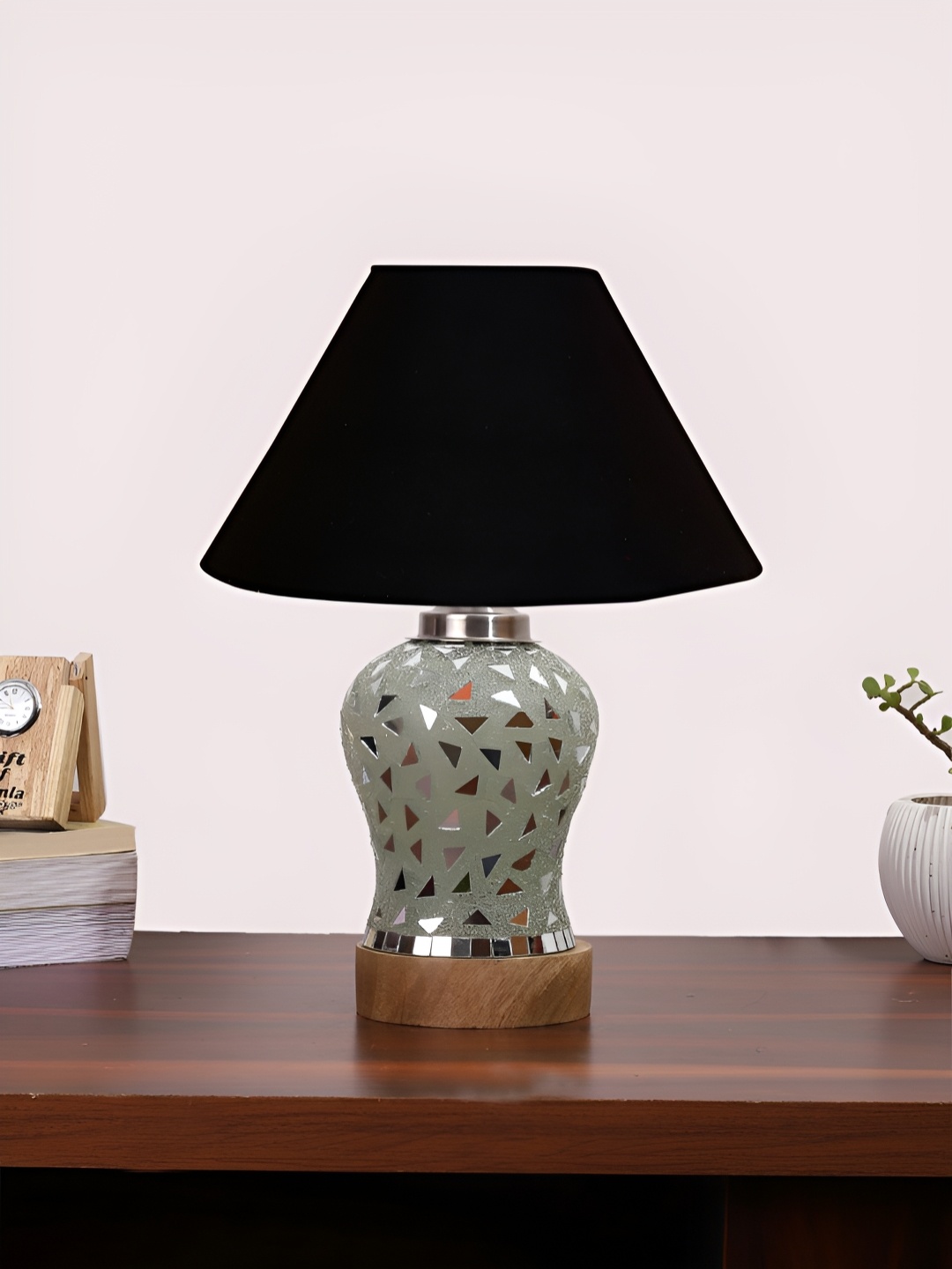 

Devansh Black Textured Frustum Shaped Wooden Table Lamp