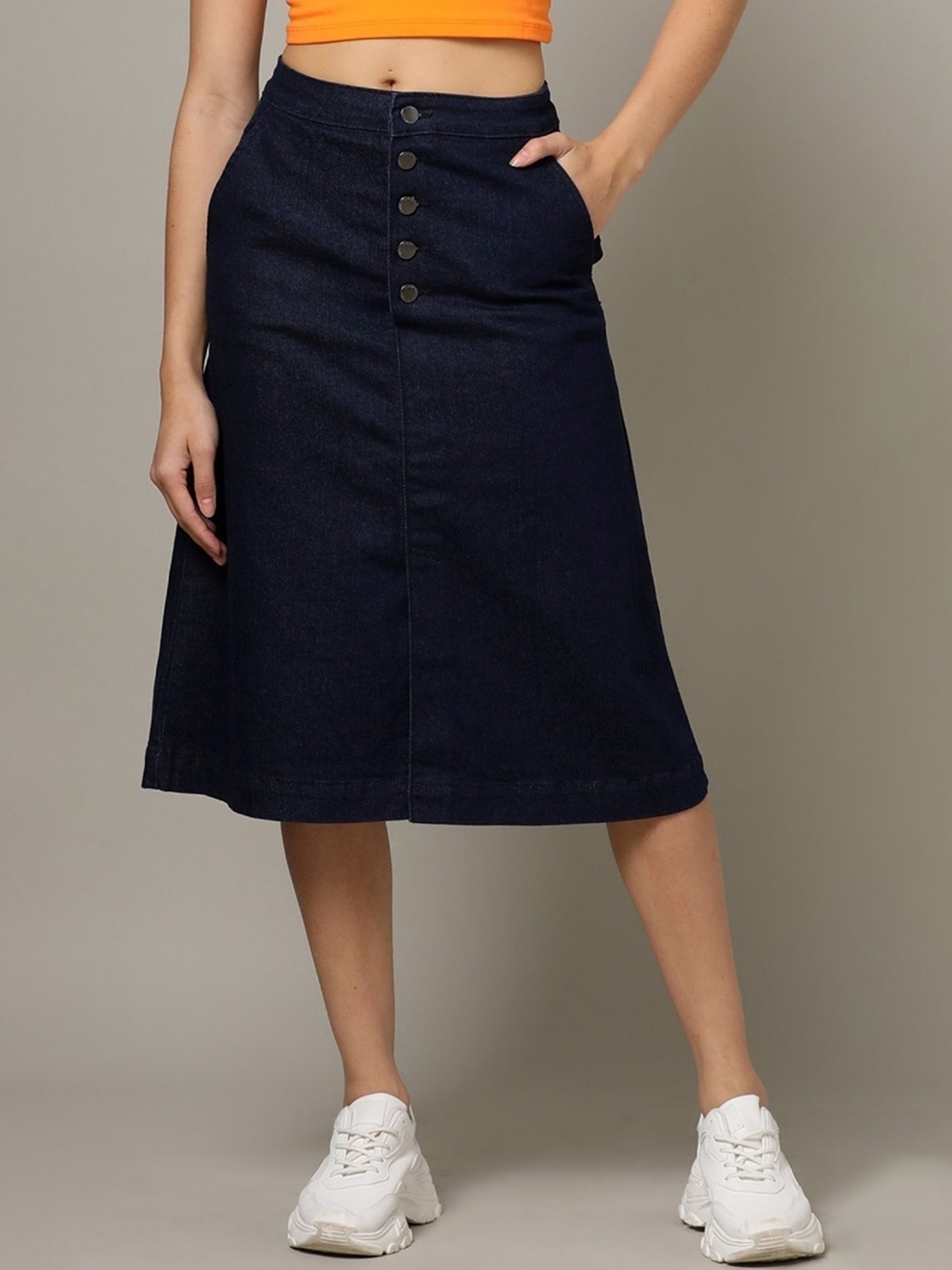 

Tripursundari Fashion Women Denim A-Line Front Slit Midi Skirt, Navy blue