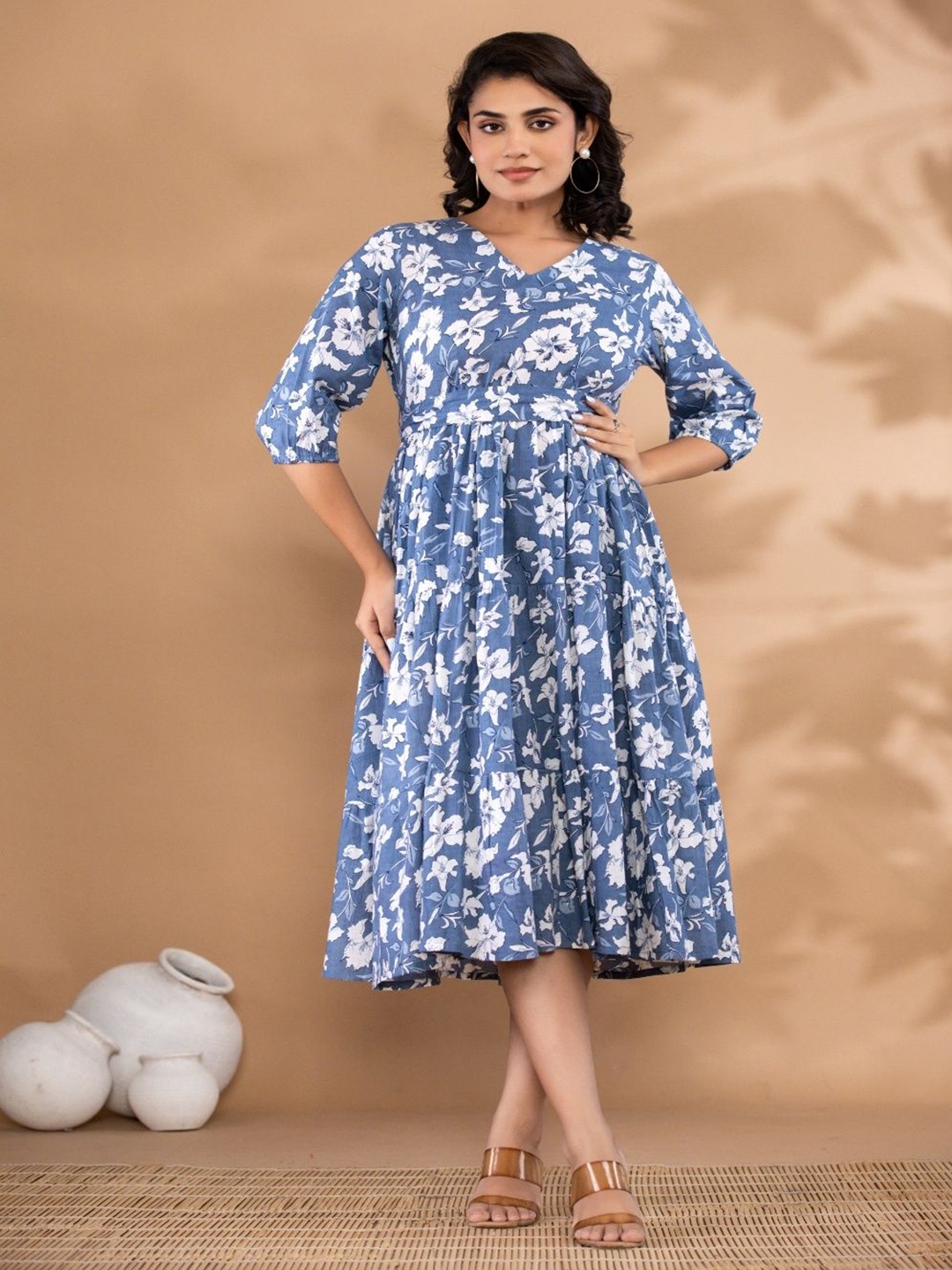 

Nunchii Women Floral Printed V-Neck Midi Fit & Flare Dress, Grey