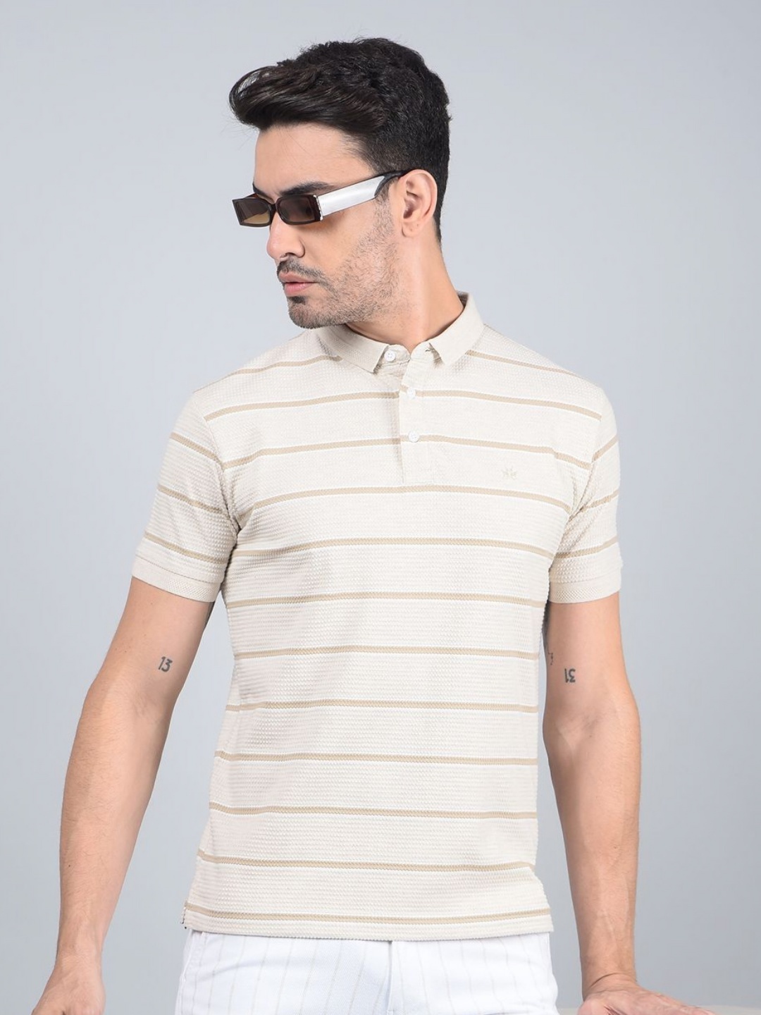

Crimsoune Club Men Striped Polo Collar Cotton T-shirt, Cream