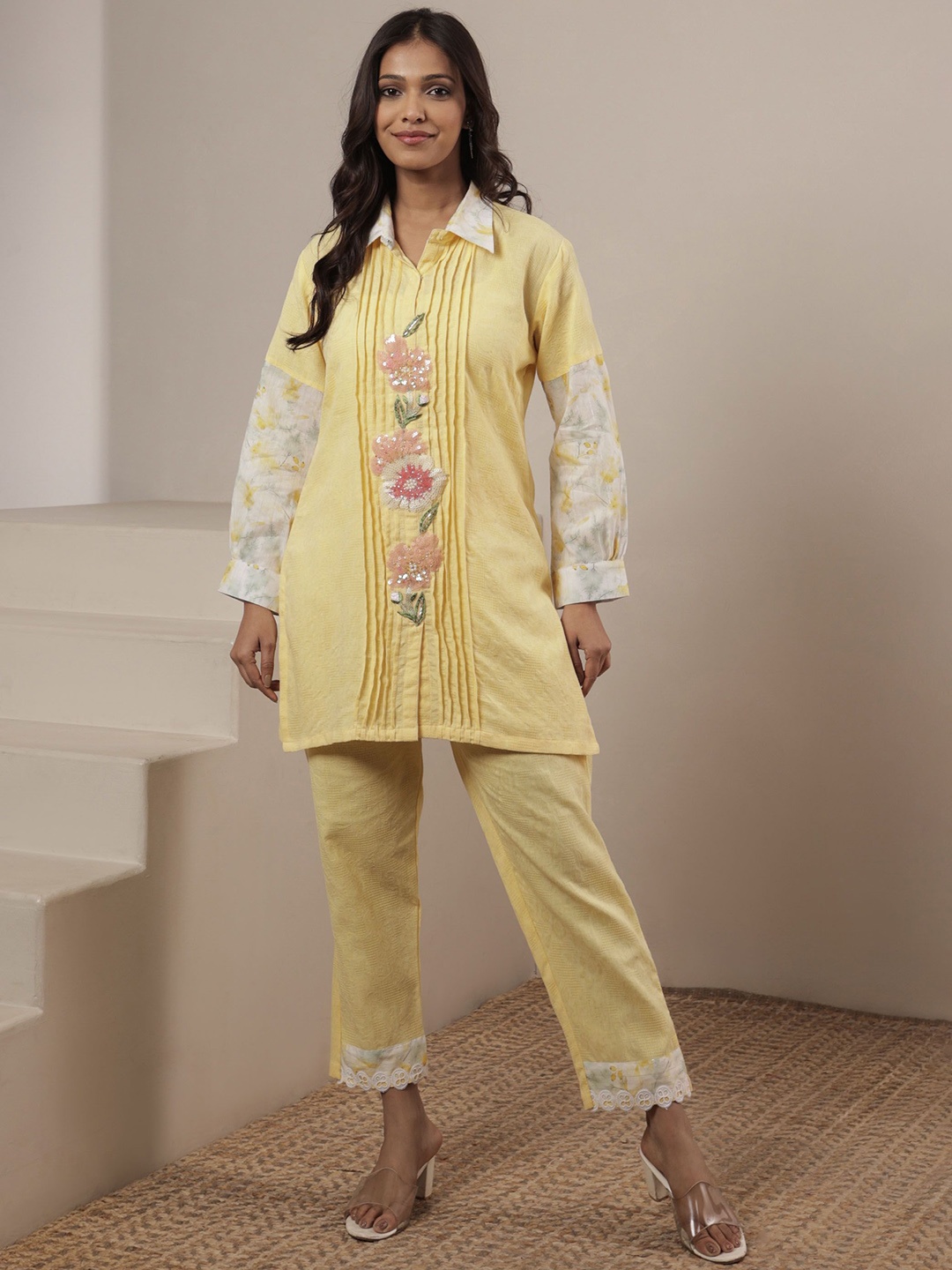 

SRIHA Embroidered Shirt Collar Pure Cotton Tunic & Trousers, Yellow