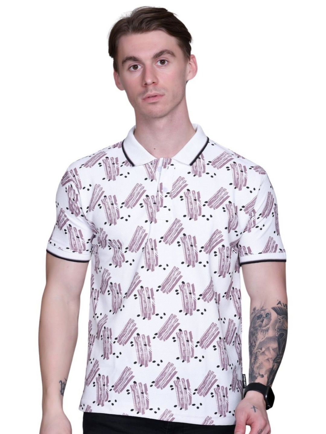 

Looks United Abstract Printed Polo Collar Cotton Regular Fit T-shirt, White
