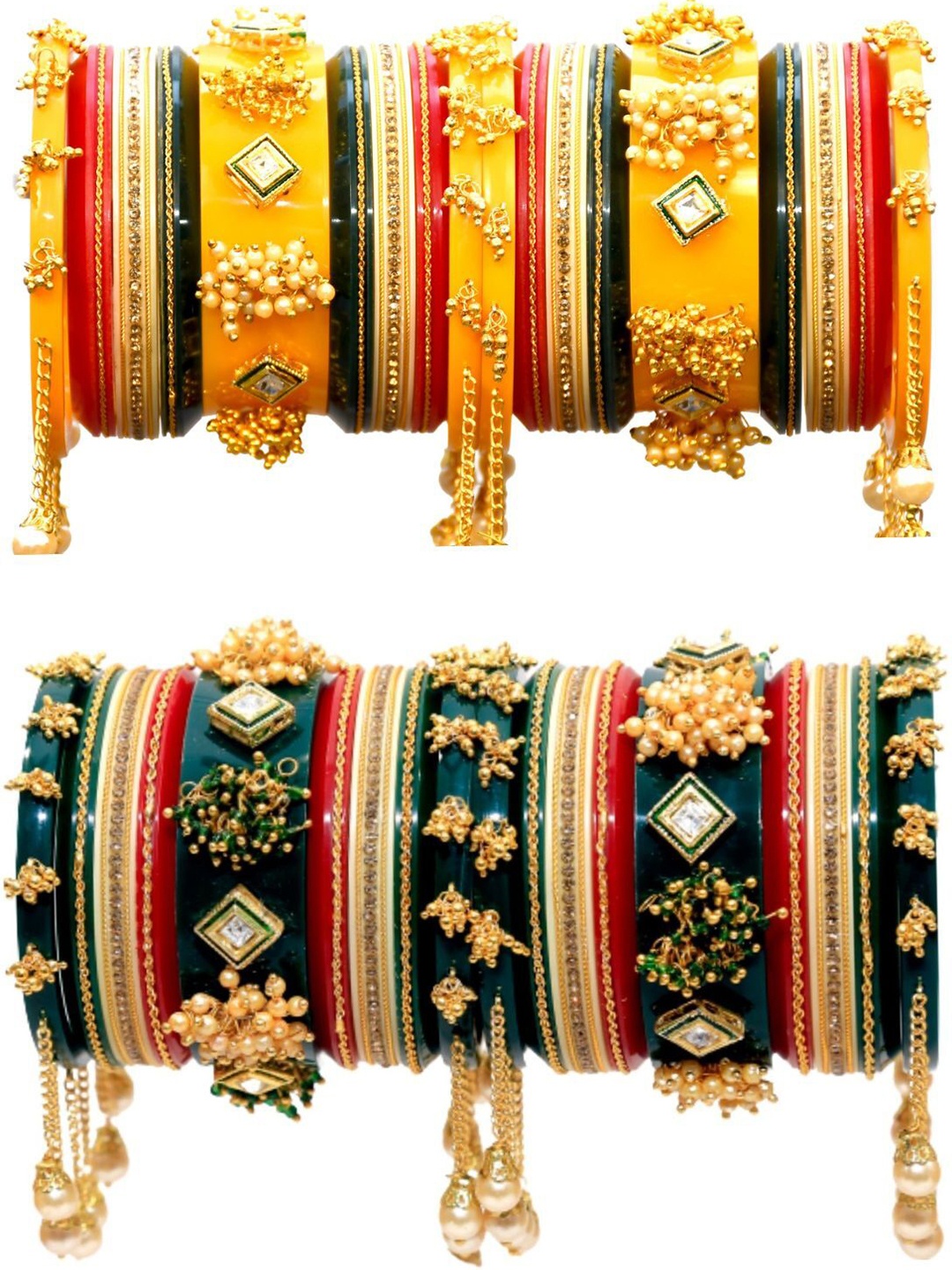 

Zindura Set Of 2 Gold-Plated Artificial Stone-Studded & Beaded Chuda Bangles With Hangings