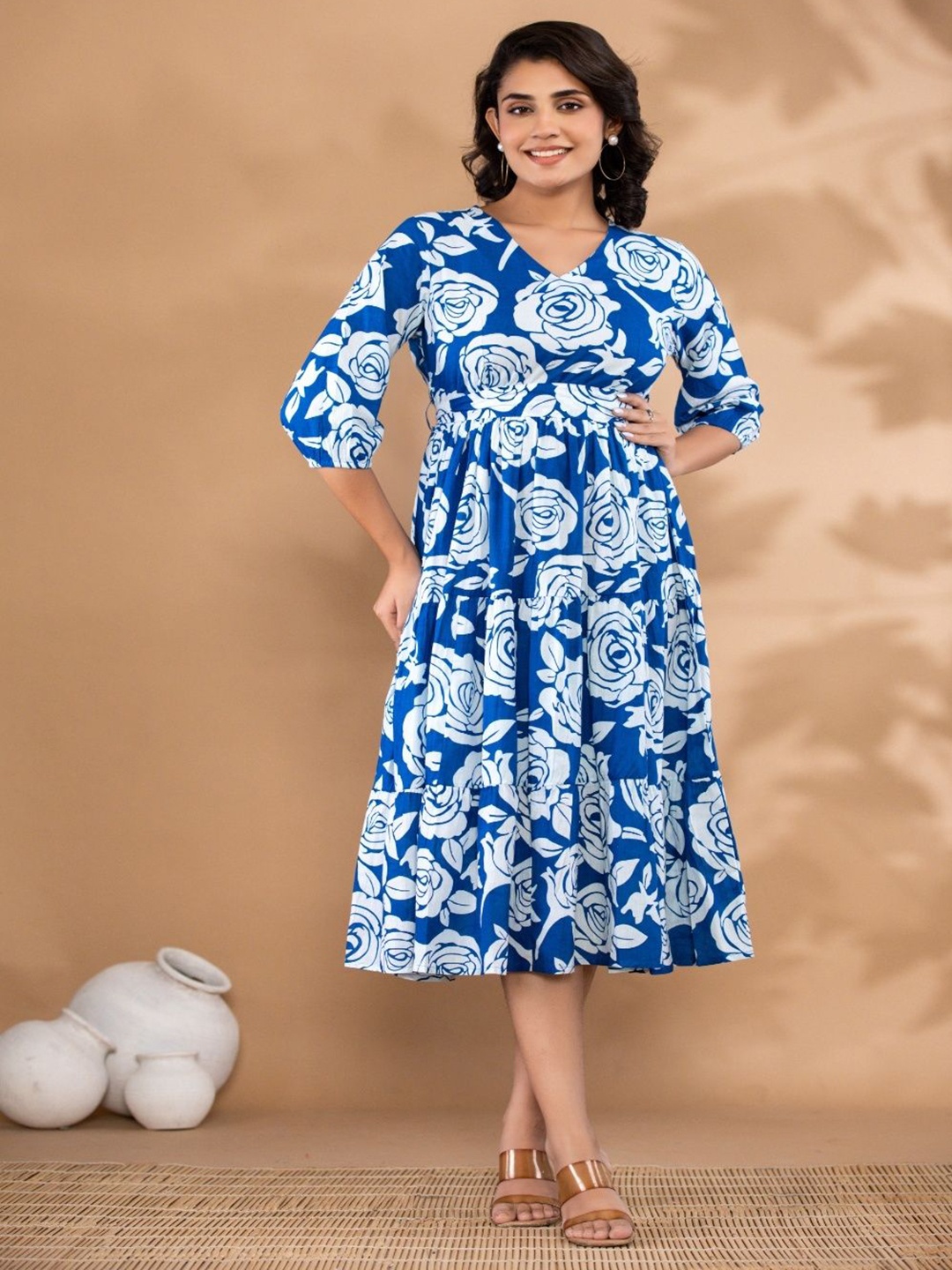

NUNCHII Floral Print Belted Cotton Empire Midi Dress, Blue
