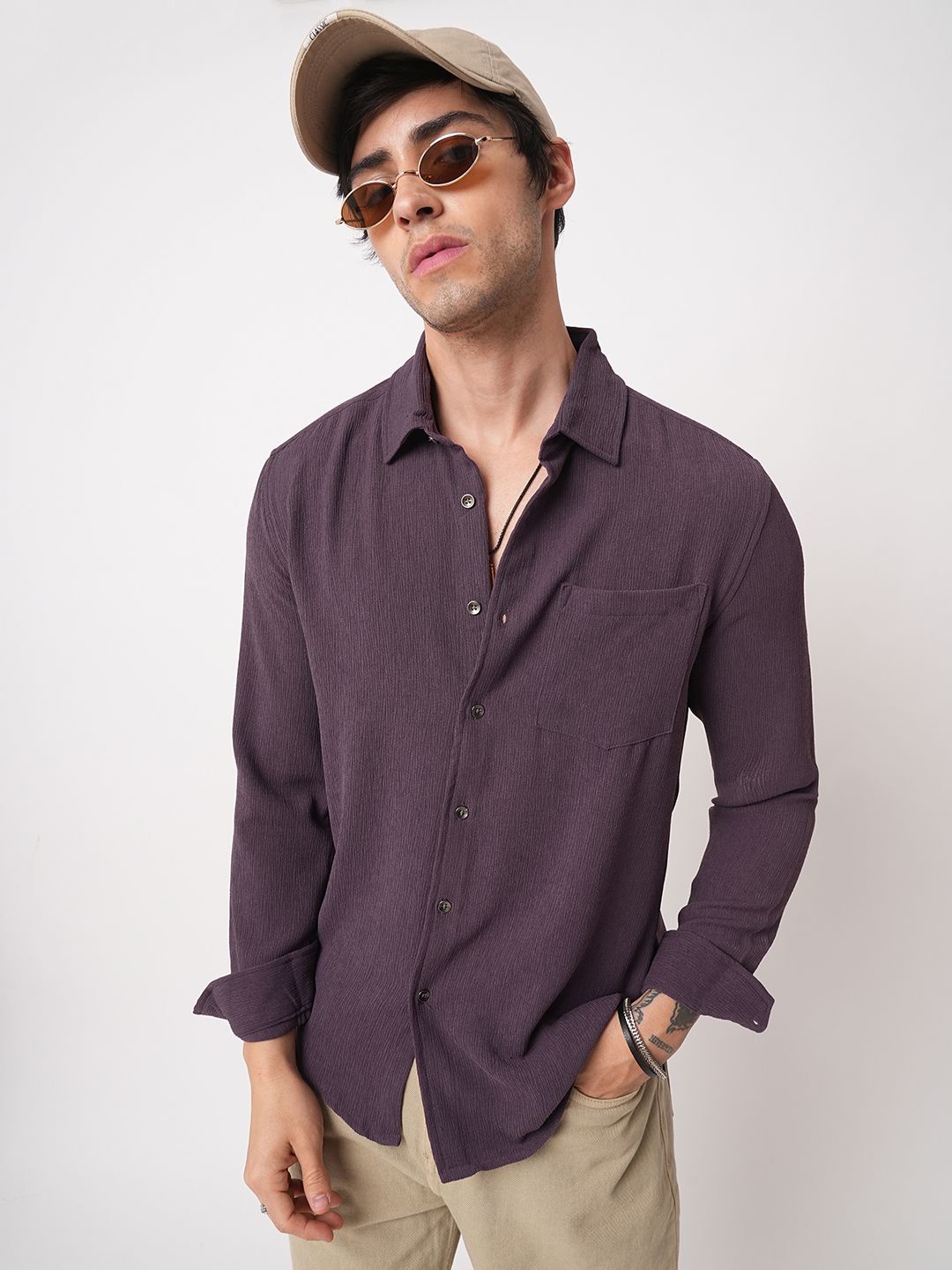 

VASTRADO Men Classic Slim Fit Spread Collar Cotton Casual Shirt, Purple
