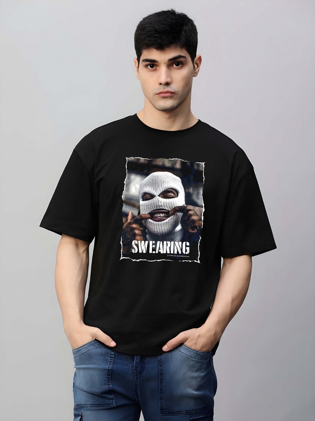 

THE BEETEL HOUSE Graphic Printed Round Neck Drop-Shoulder Sleeves Cotton T-shirt, Black