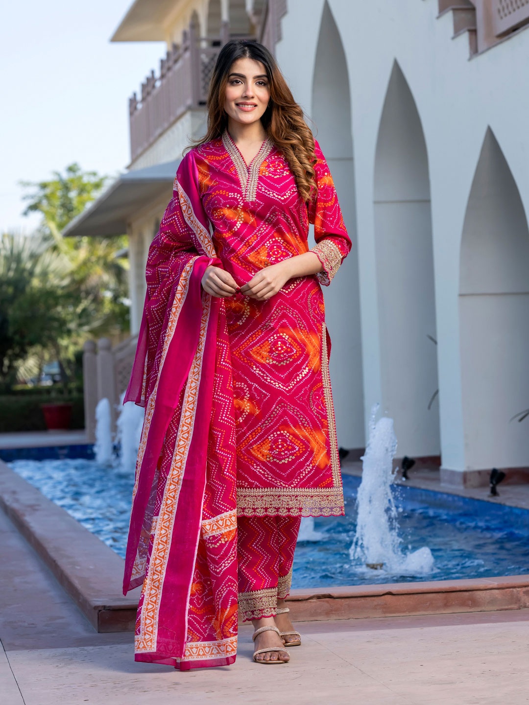 

KALINI Bandhani Printed V-Neck Zari Pure Cotton Straight Kurta With Trouser And Dupatta, Pink