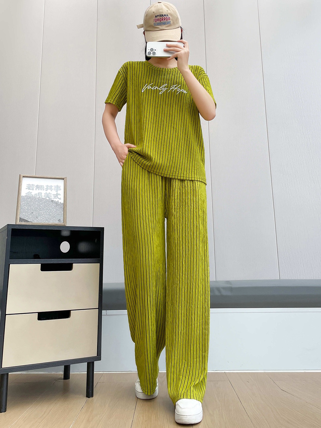 

Lugo Striped Self Design Round Neck T-Shirt With Palazzo, Green