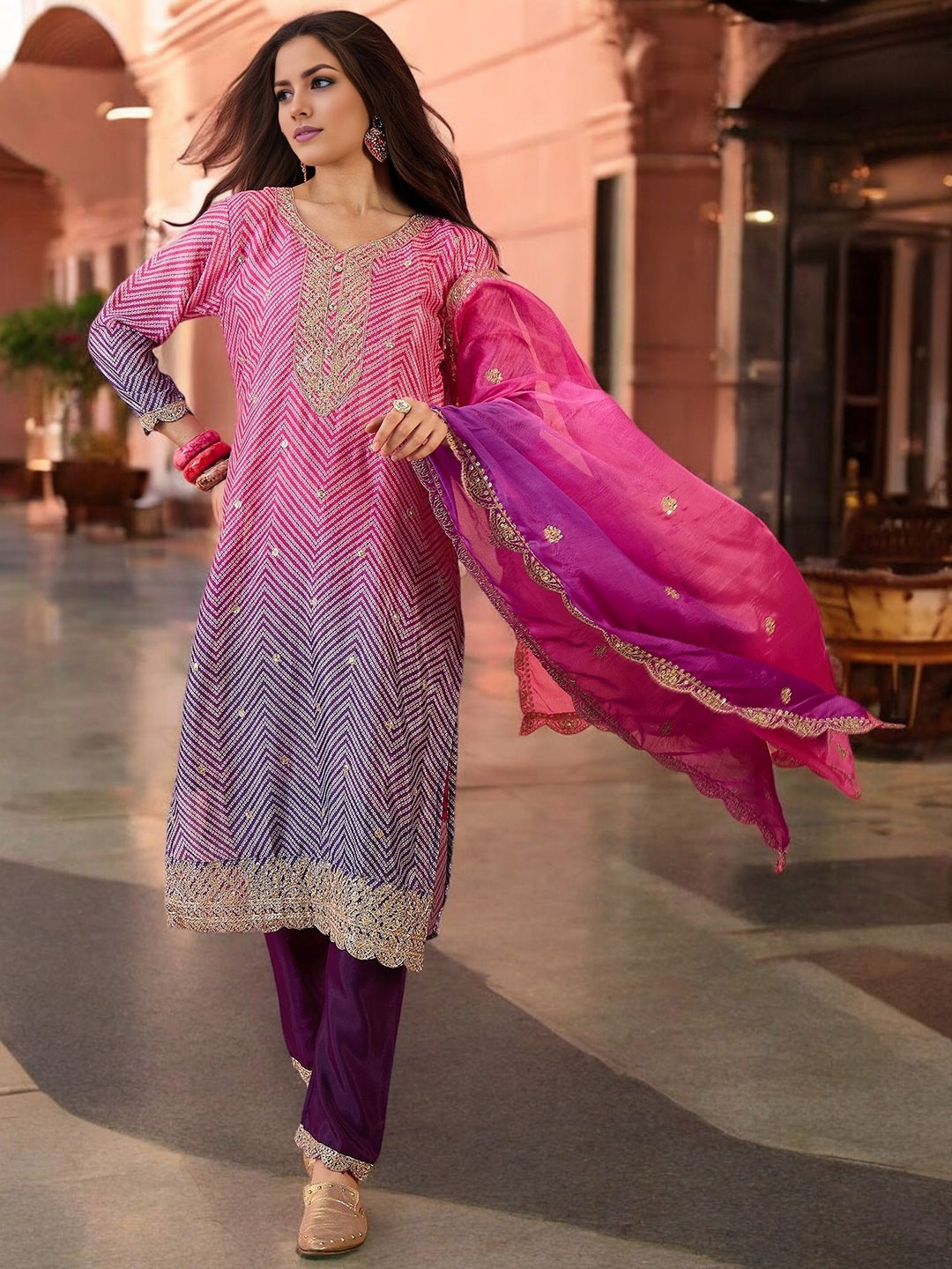 

Blissta Bandhani Embroidered Straight Sequinned Kurta With Trousers And Dupatta, Pink