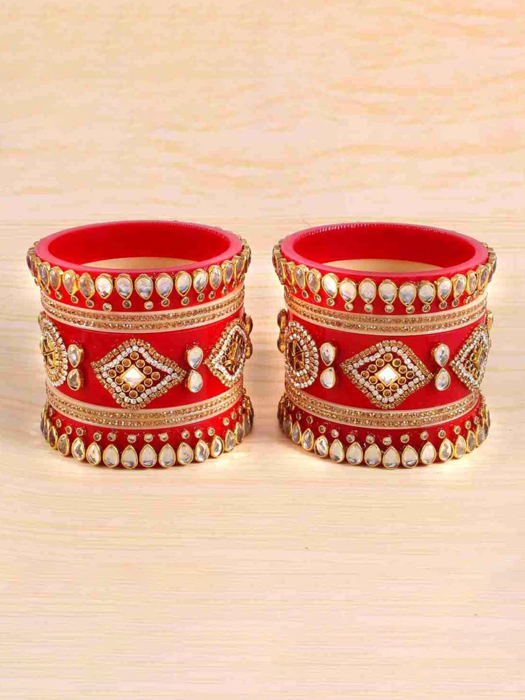 

Zindura Set Of 2 Gold Plated Crystals Studded & Artificial Beaded Chuda Bangles