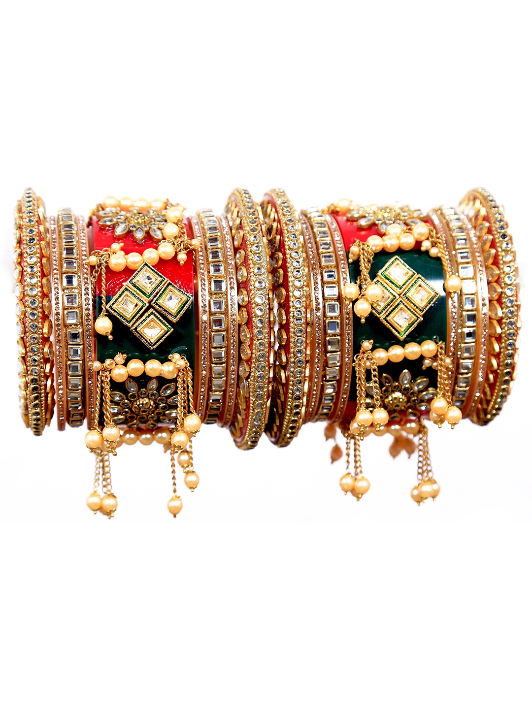 

Zindura Set Of 2 Gold-Plated American Diamond-Studded & Pearl Beaded Chuda Bangles