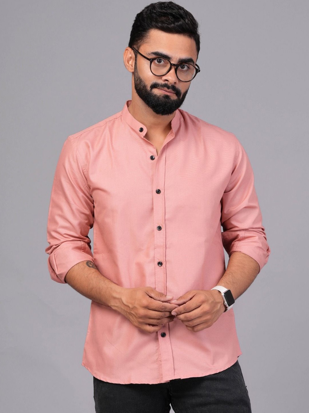 

UNIBLISS Men Band Collar Solid Cotton Casual Shirt, Pink