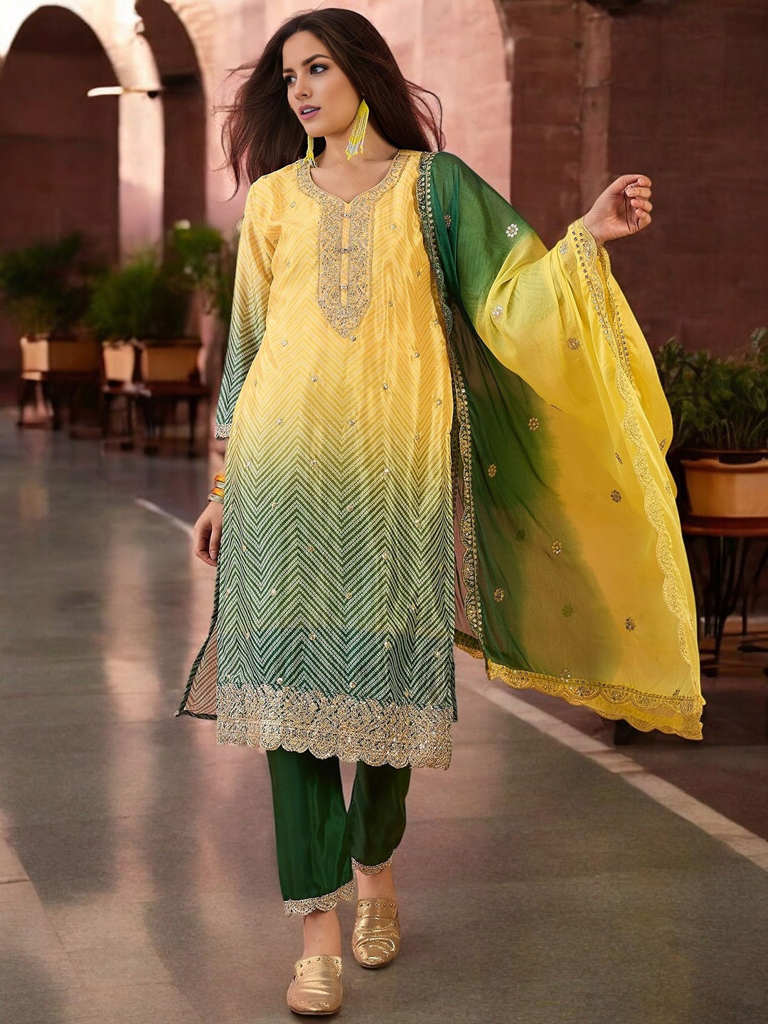 

KIMISHA Chevron Printed Zari Straight Kurta With Trousers And Dupatta, Yellow
