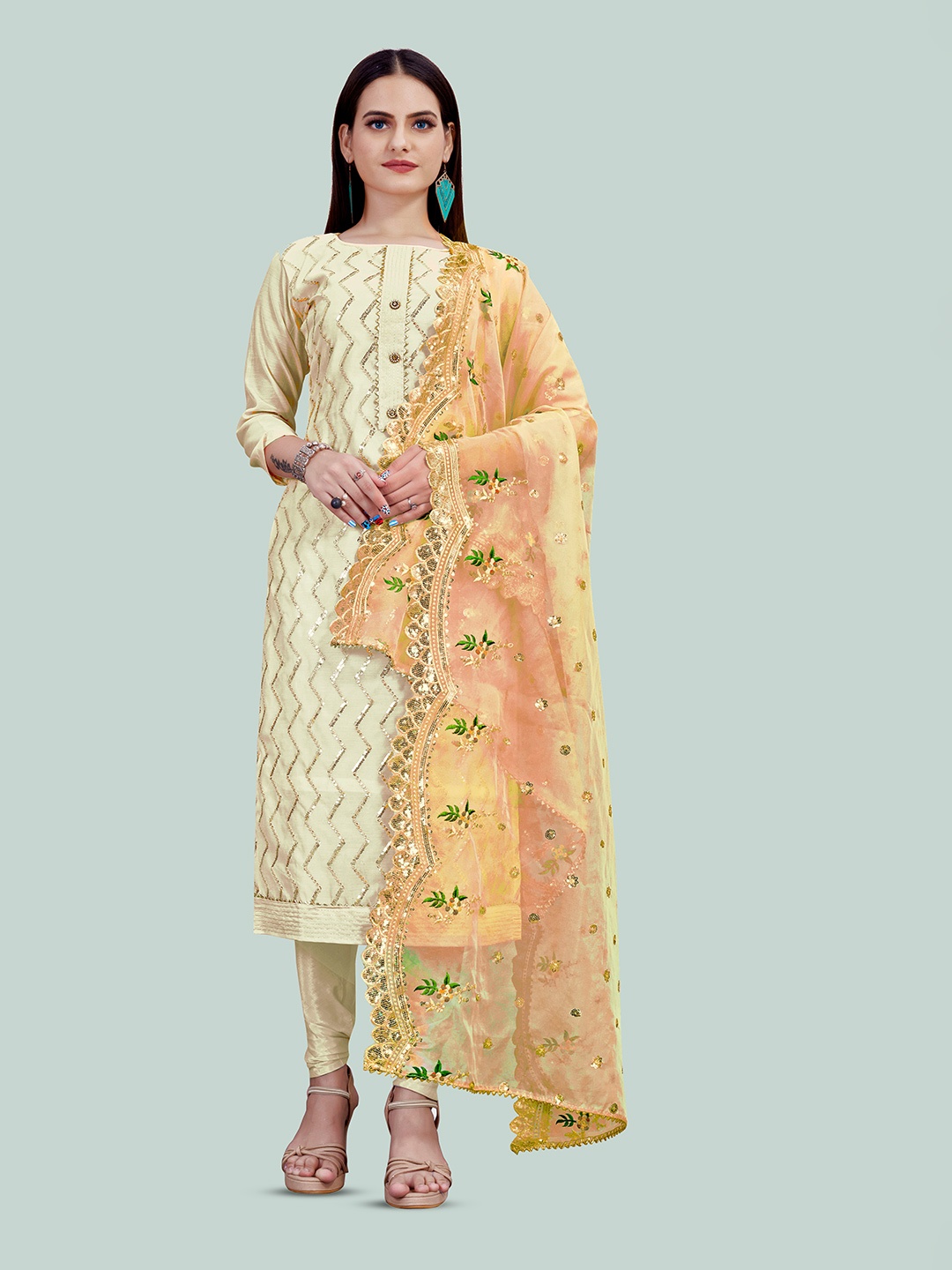 

Maroosh Chevron Embellished Chanderi Unstitched Dress Material, Yellow