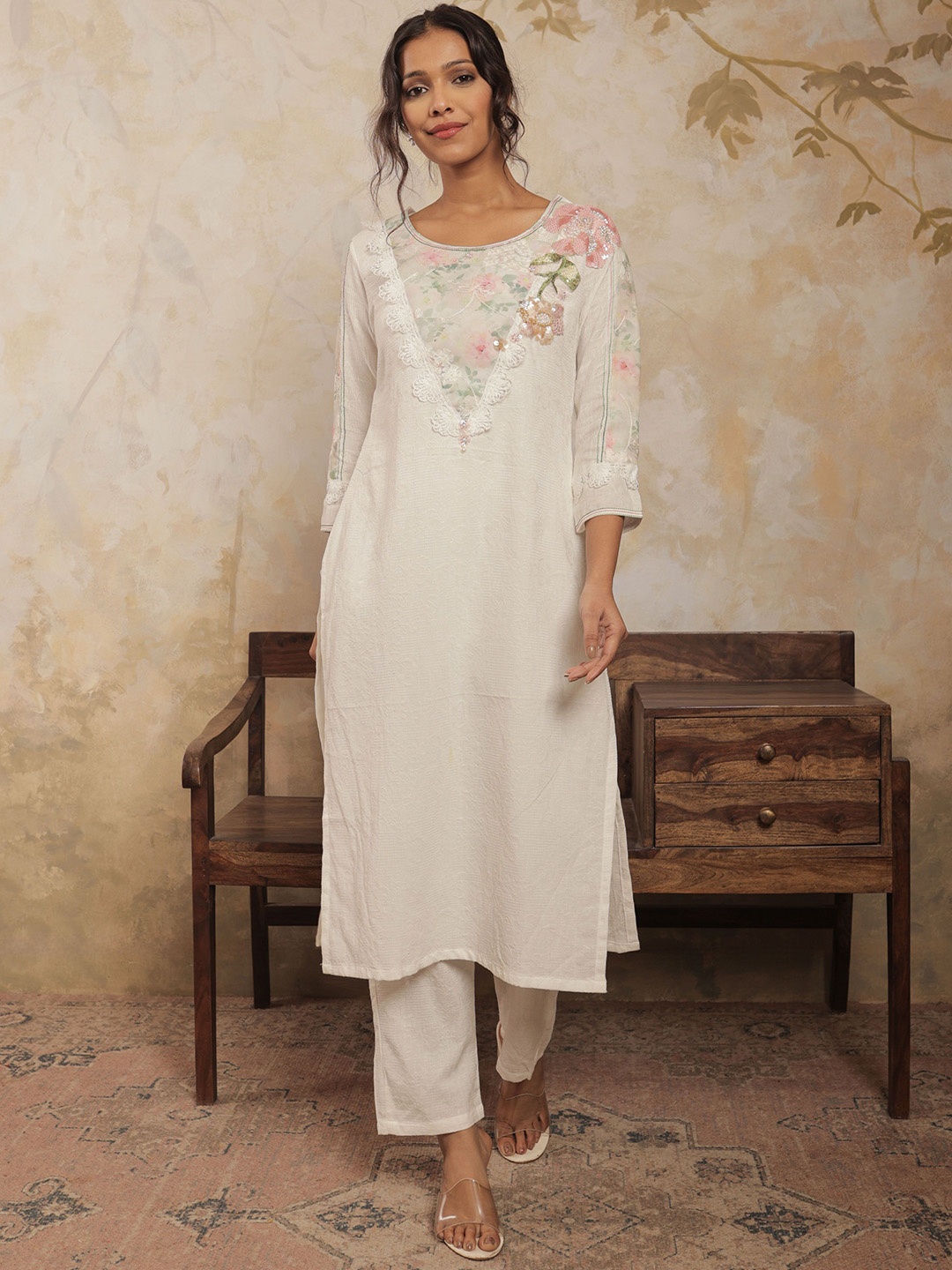 

SRIHA Floral Printed Pure Cotton Straight Kurta With Trousers, White