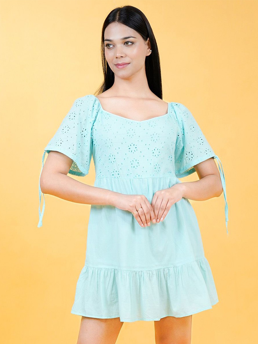 

COSMIC TRIO Women Sweetheart Neck Schiffli Cotton A-Line Dress, Blue