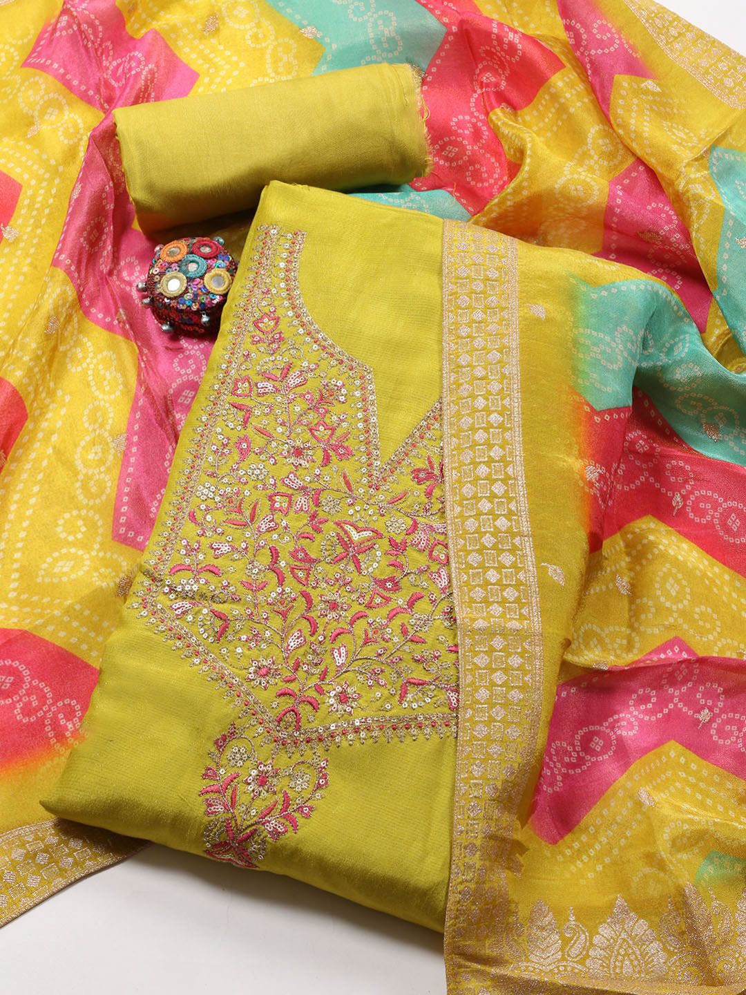 

Meena Bazaar Floral Embroidered Sequinned Unstitched Dress Material, Mustard