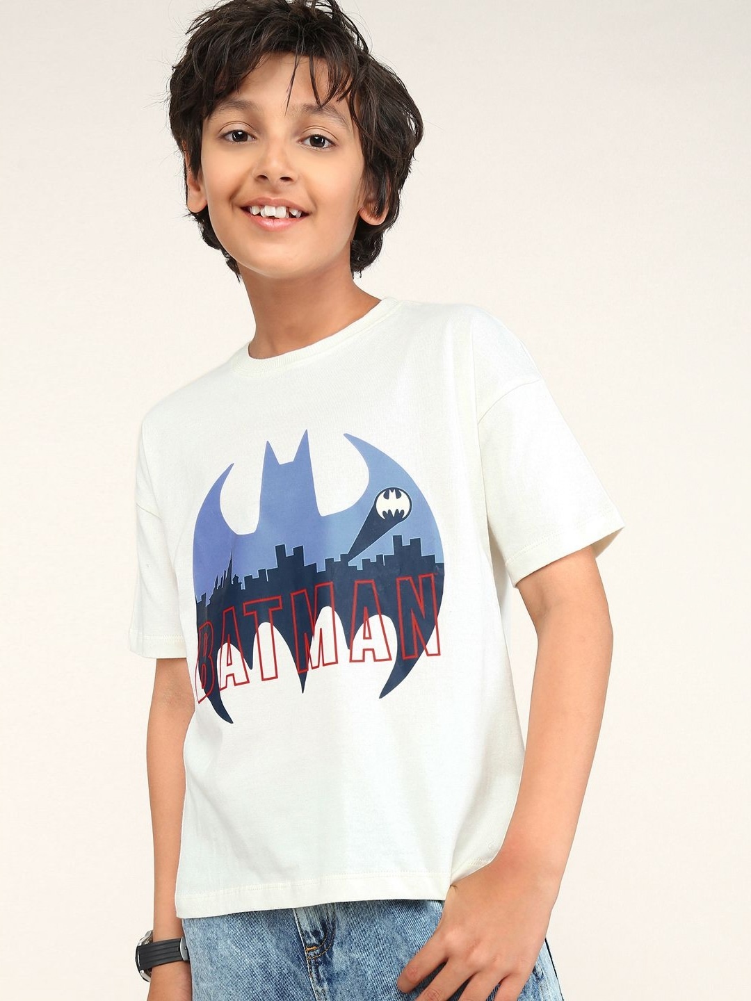 

BONKIDS Boys Batman Graphic Printed Round Neck Cotton Oversized T-shirt, Cream