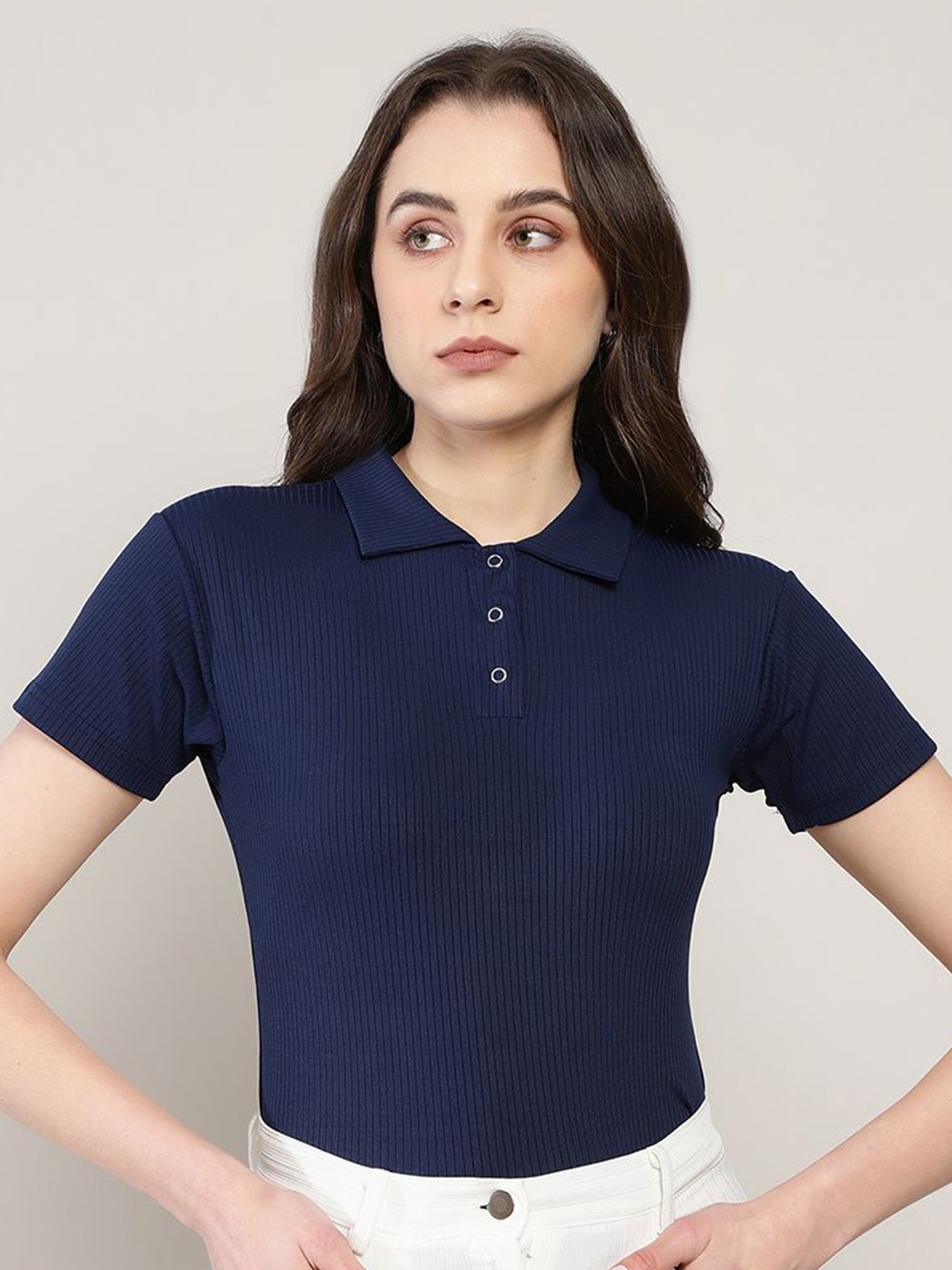 

Sugathari Ribbed Shirt Collar Fitted Top, Navy blue