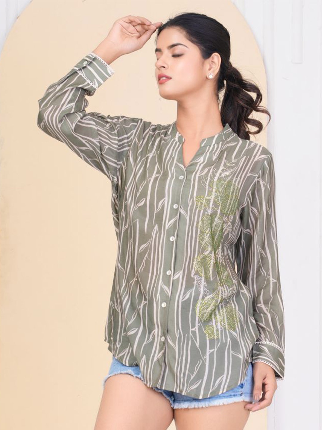 

Kaftanize Women Comfort Relaxed Fit Abstract Printed Mandarin Collar Casual Shirt, Green