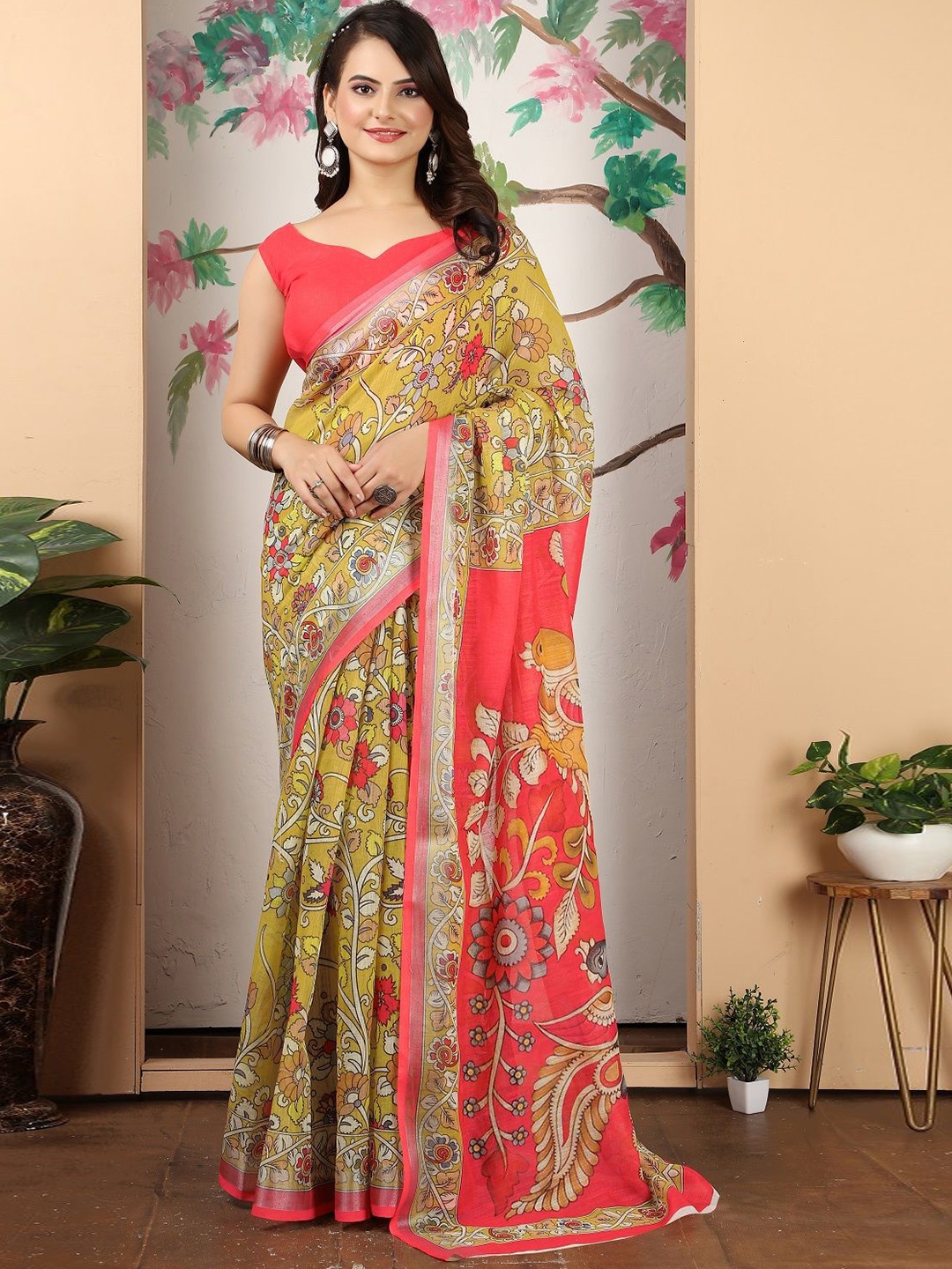 

Sarvada Floral Printed Cotton Saree With Unstitched Blouse Piece, Mustard