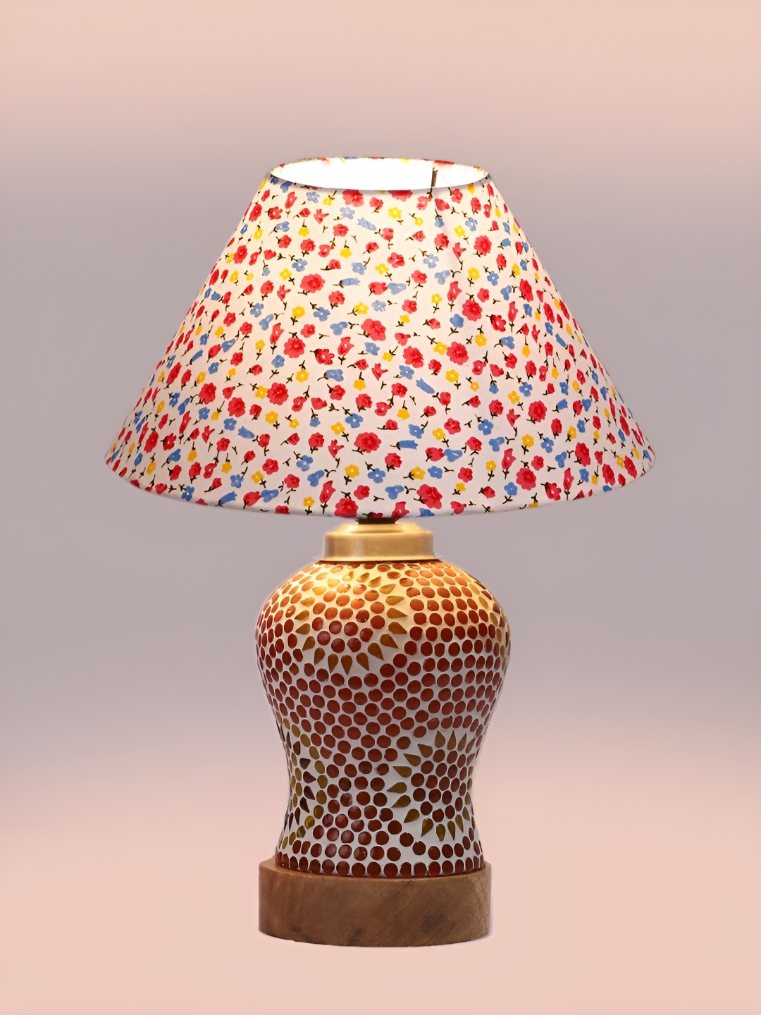 

Devansh White Printed Frustum Shaped Wooden Table Lamp With Mosaic Glass Base
