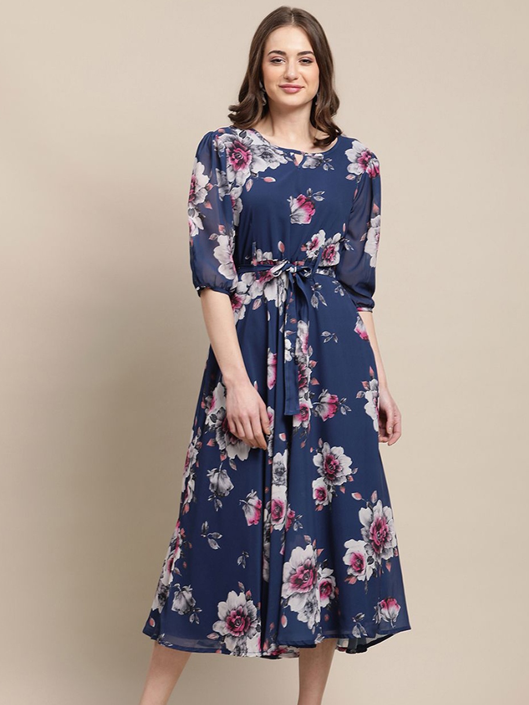 

Metronaut Floral Print Georgette Fit & Flare Midi Dress, Blue