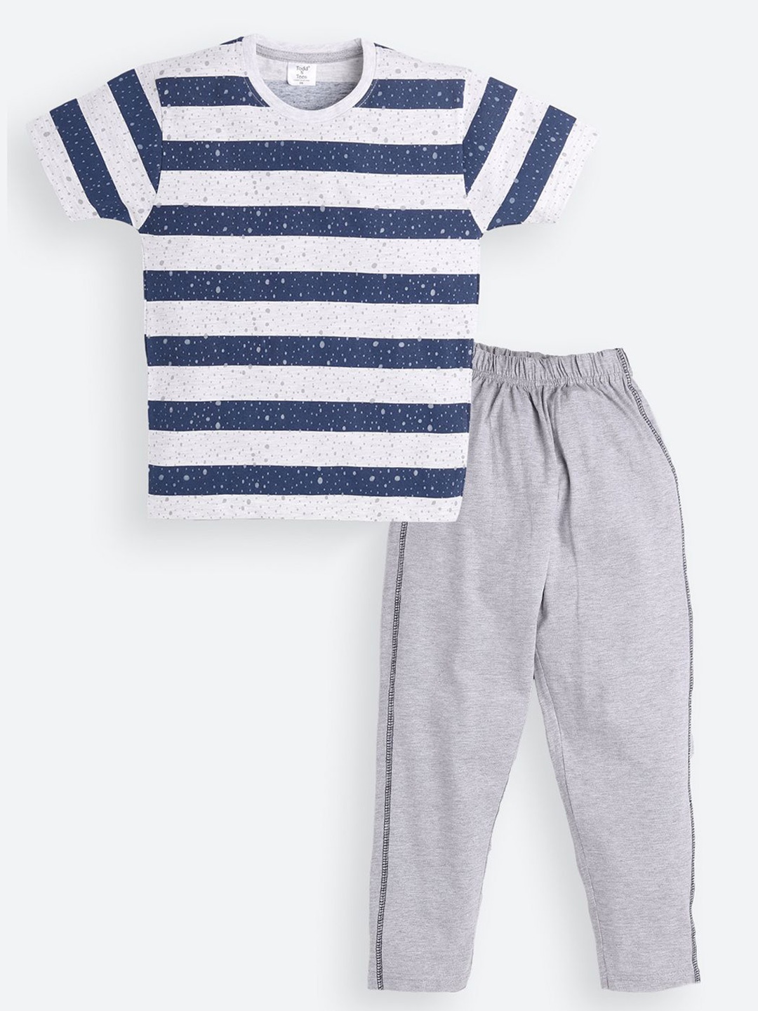 

Todd N Teen Boys Striped Pure Cotton T-shirt With Track Pant, Navy blue