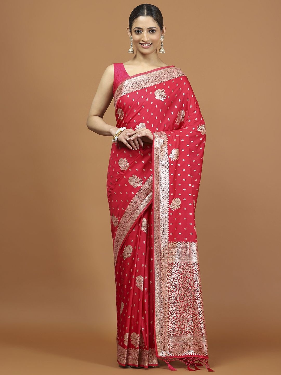 

Meena Bazaar Ethnic Motifs Woven Design Zari Saree, Pink