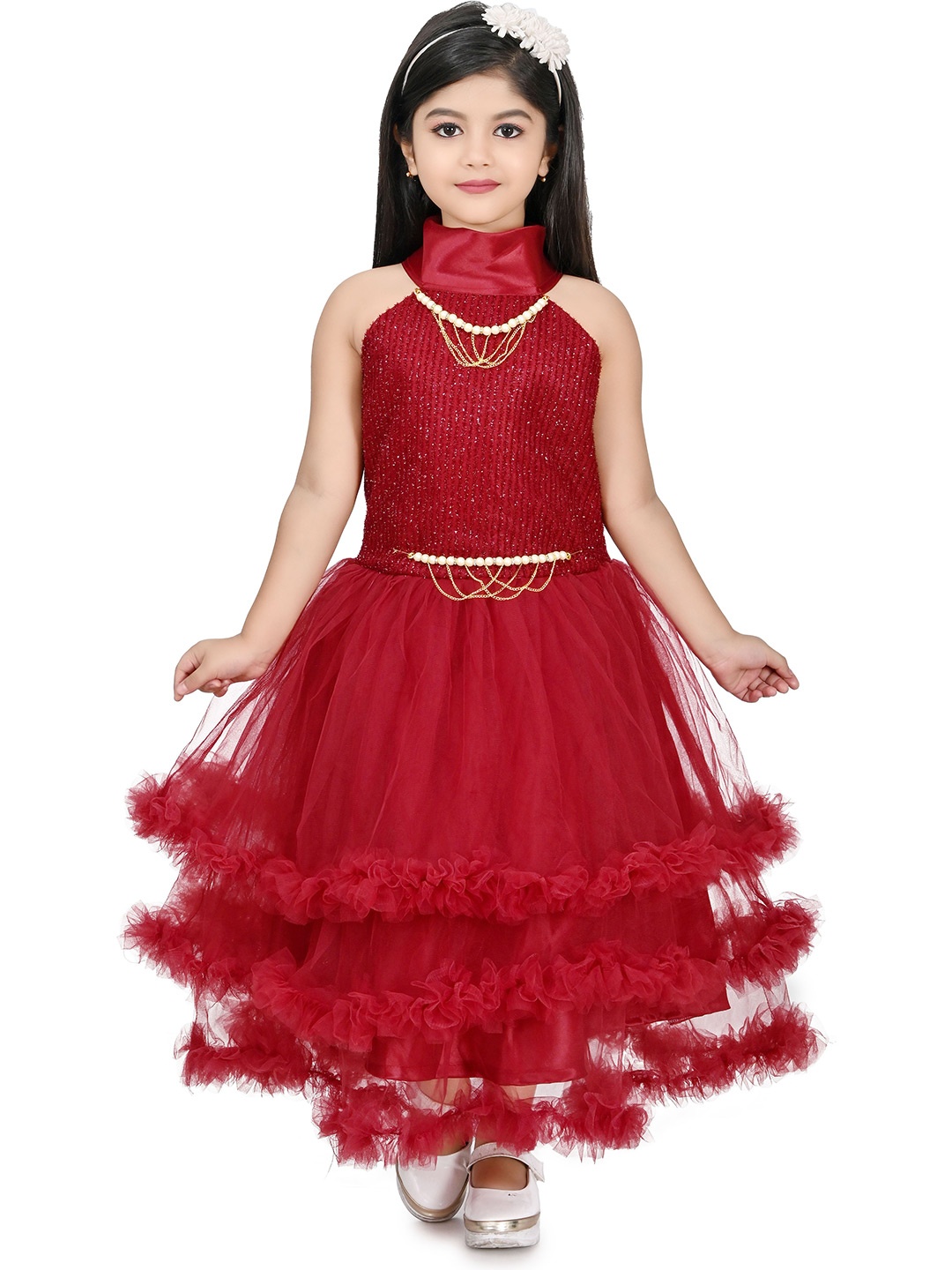

Zenat Girls Embellished Layered Net High Neck Frills Detail Fit & Flare Dress, Red