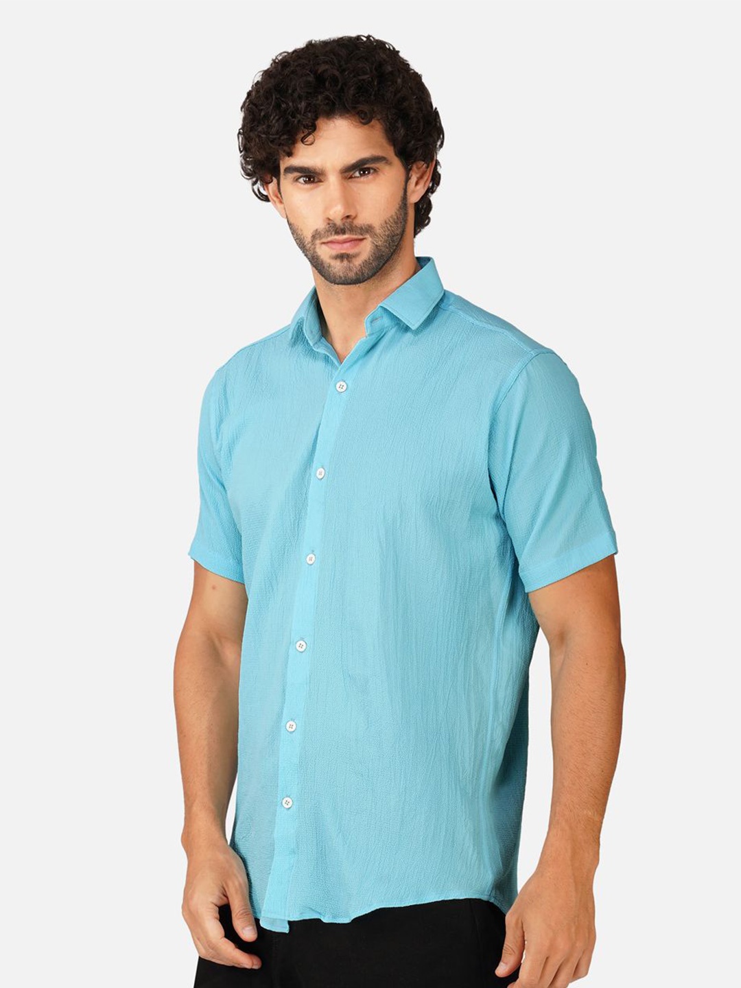 

BASE 41 Men Spread Collar Textured Casual Shirt, Turquoise blue