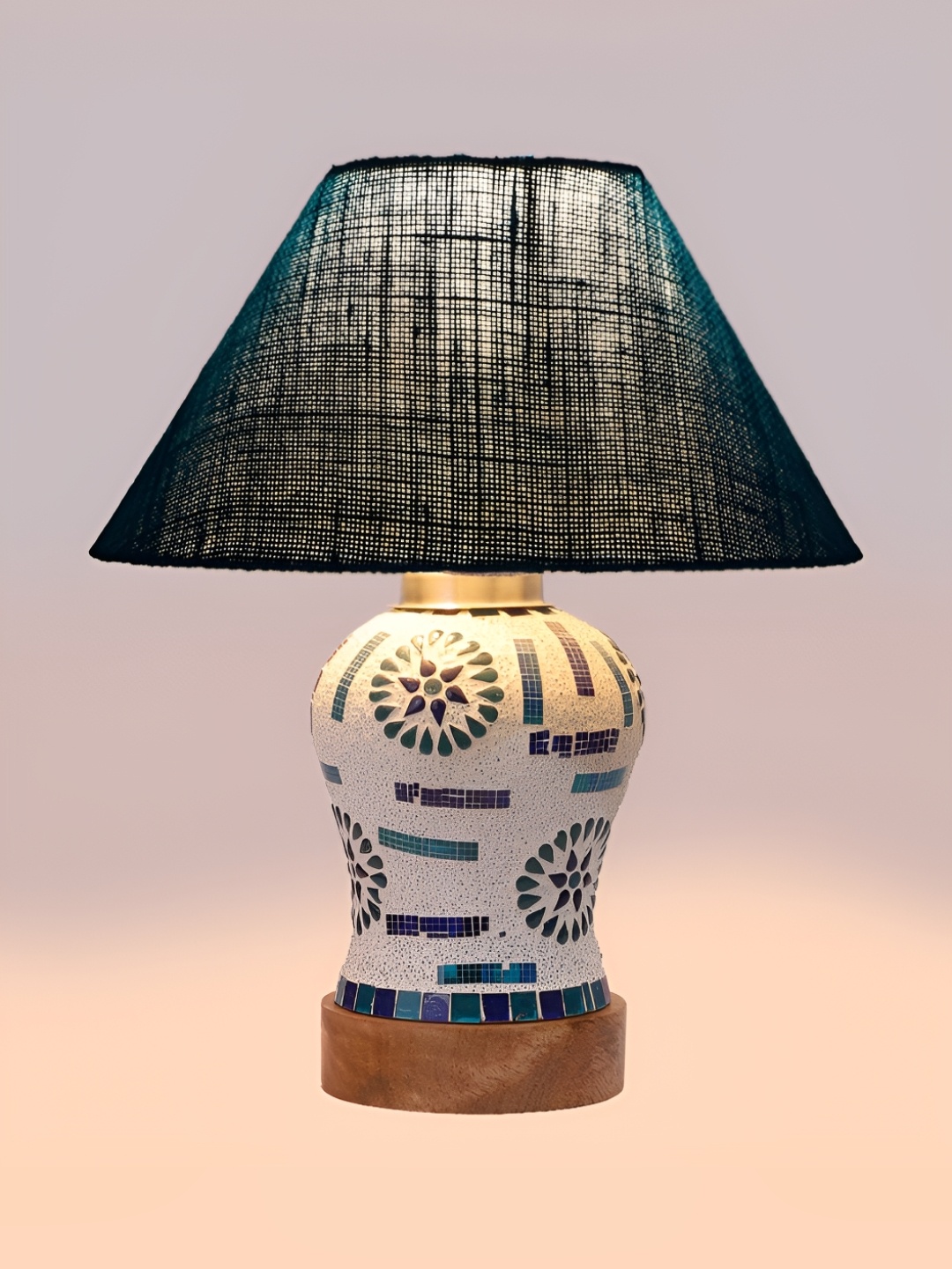 

Devansh Turquoise Blue Textured Frustum Shaped Wooden Table Lamp