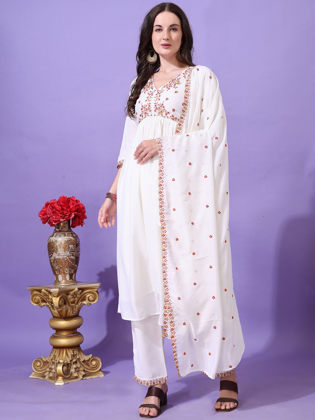 

KALINI Floral Yoke Design V-Neck Empire Thread Work A-Line Kurta With Trouser & Dupatta, White